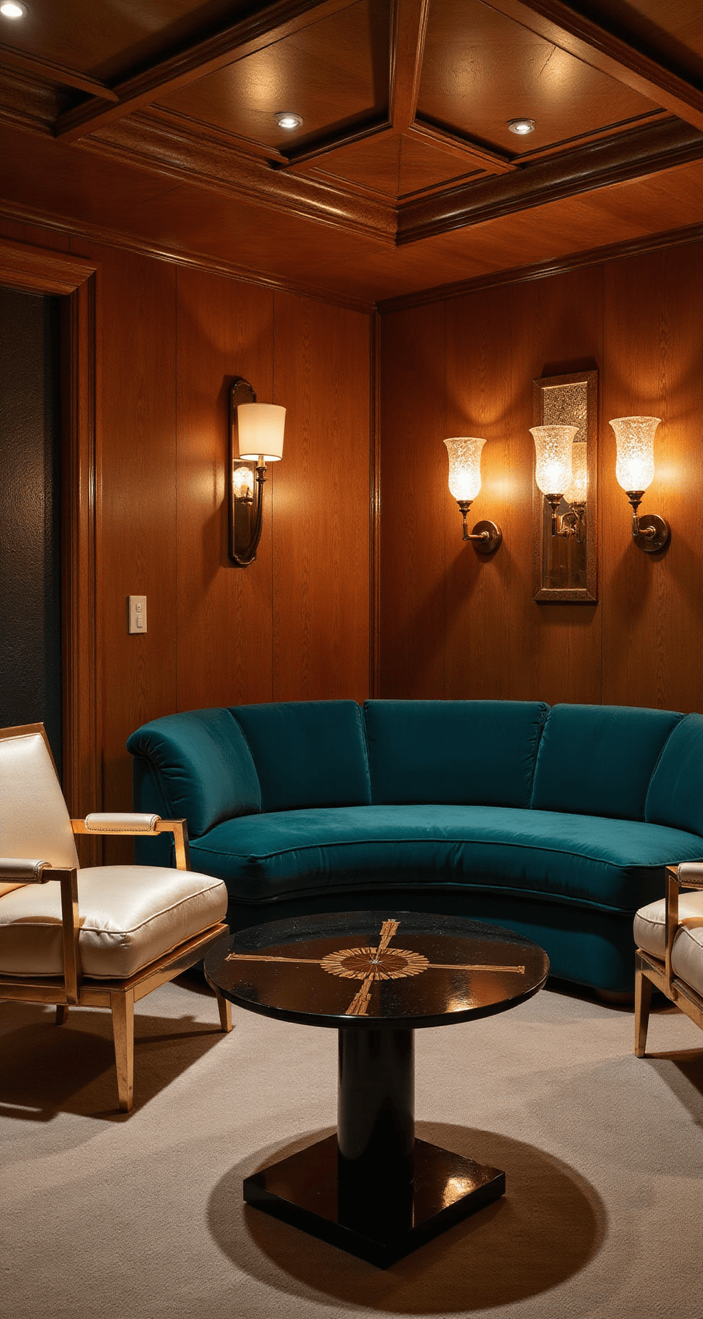 Luxury Living Room Design: Crafting an Opulent and Sophisticated Space An Art Deco inspired salon featuring walnut paneling, stepped tray ceiling, and ambient lighting from vintage Murano glass sconces. The room includes a deep teal curved velvet sofa, champagne silk upholstered brass-framed chairs, and a black lacquered cocktail table with geometric inlays, all highlighted by dramatic shadows for a glamorous nostalgic luxury feel.