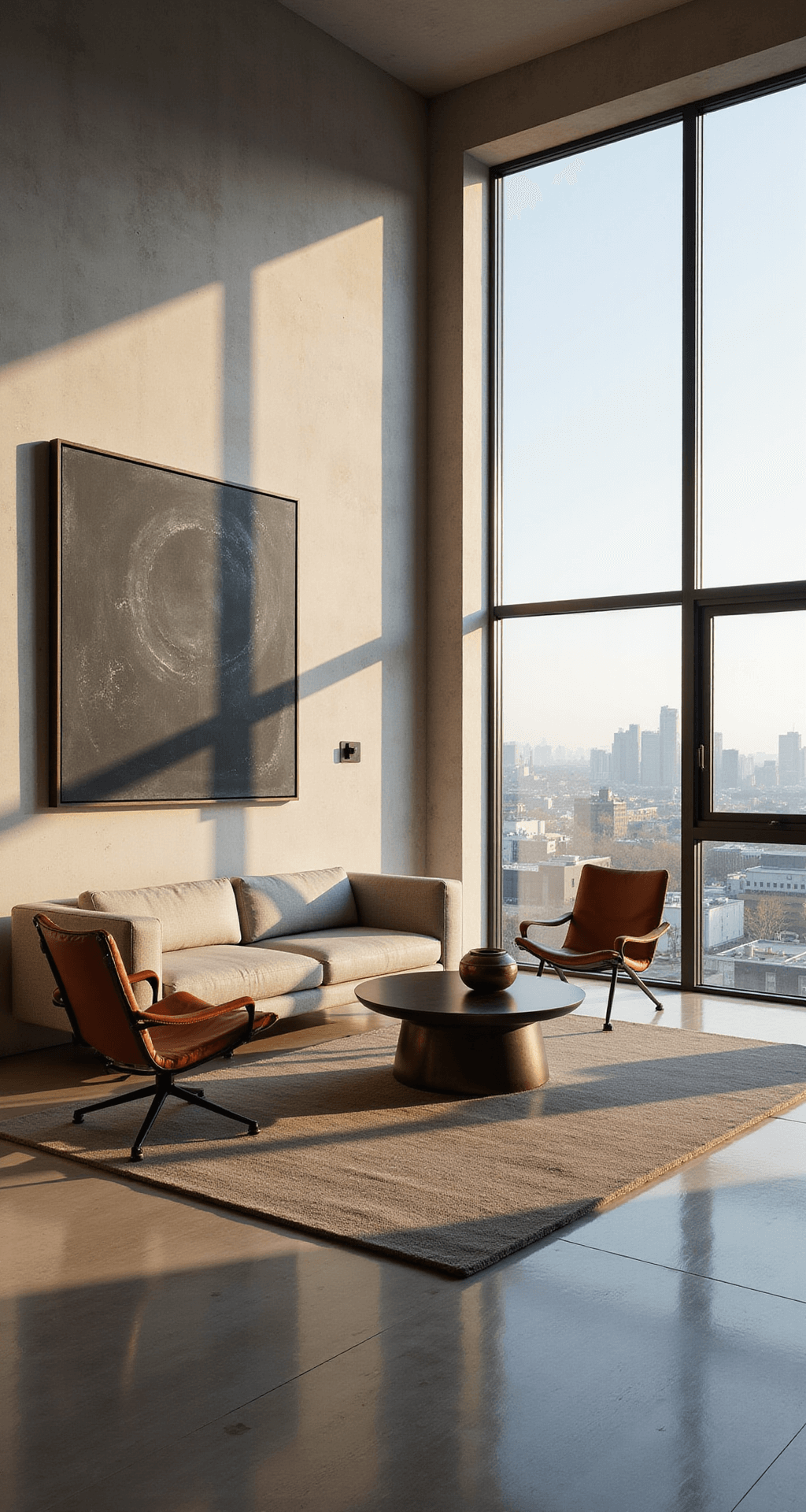 Luxury Living Room Design: Crafting an Opulent and Sophisticated Space A minimalist luxury den featuring panoramic city views, dawn light casting shadows on white oak floors, a greige linen platform sofa with LED underlighting, a sculptural bronze coffee table, cognac leather sling chairs, and a large monochromatic artwork on a concrete wall, presented from a low camera angle.
