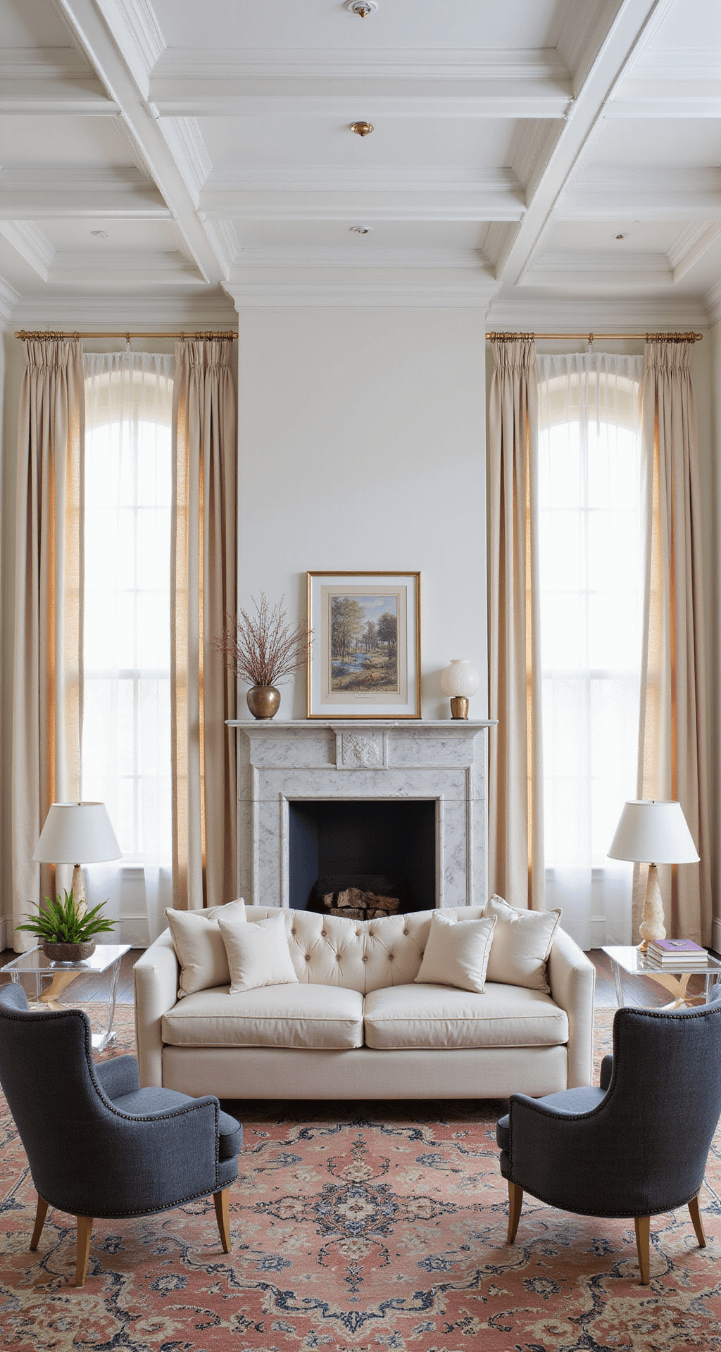 Luxury Living Room Design: Crafting an Opulent and Sophisticated Space A refined grand salon featuring coffered ceilings, a marble fireplace, and mid-morning light filtering through silk drapes, with an oversized pearl velvet sofa on a vintage Moroccan rug, charcoal bouclé swivel chairs, and Lucite console tables with alabaster lamps, all showcasing comfortable luxury.