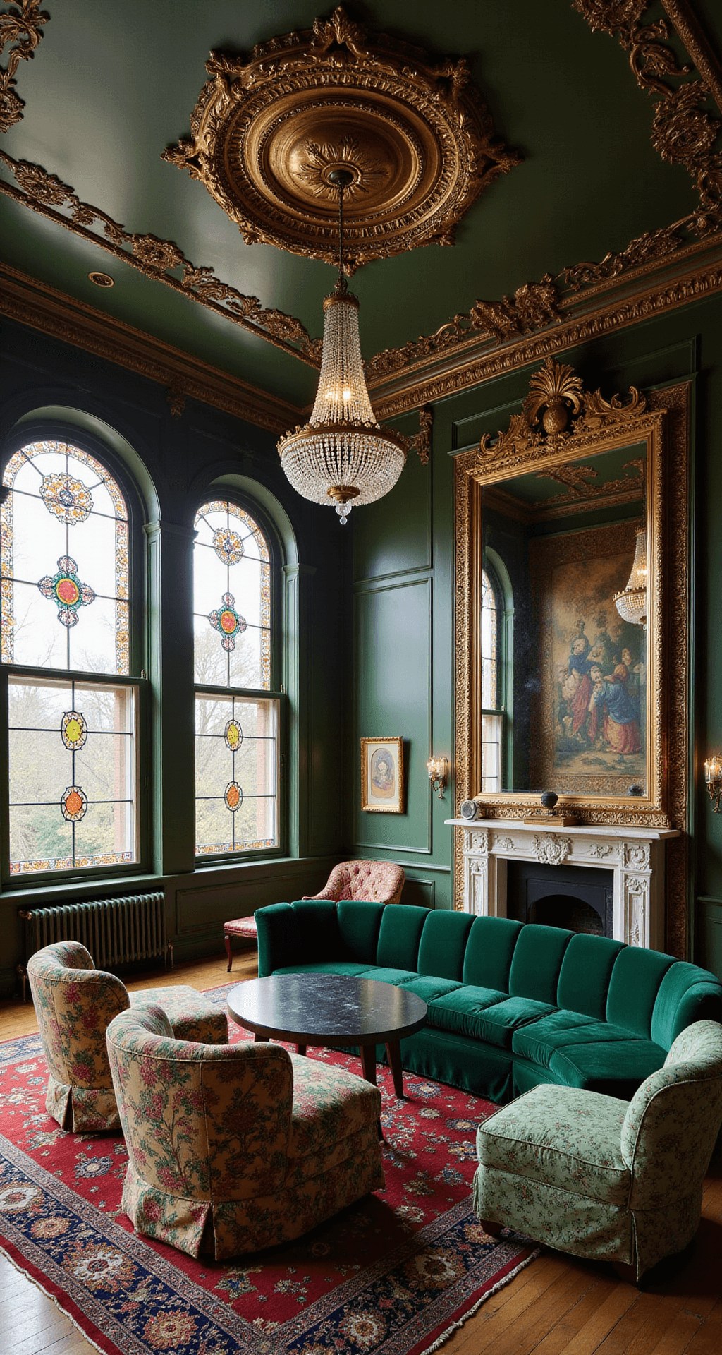 Luxury Living Room Design: Crafting an Opulent and Sophisticated Space A lavish drawing room featuring a curved emerald velvet sofa, patterned silk brocade chairs, and layered Persian rugs in jewel tones, illuminated by afternoon light filtering through stained glass. The space boasts ornate wall paneling, a grand ceiling medallion, a massive gilt mirror, and a sparkling crystal chandelier, all captured from an elevated perspective to showcase the intricate patterns and opulent ambiance.