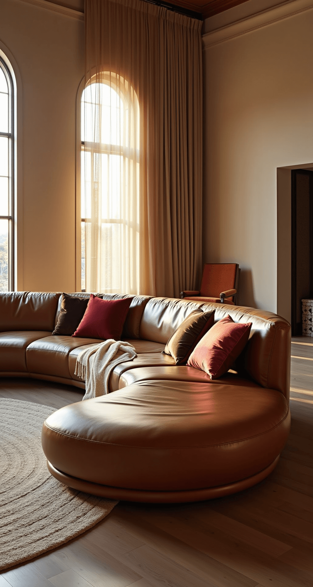 A spacious living room with 12ft ceilings and arched windows, featuring a cognac brown Italian leather sofa at an angle adorned with jewel-toned silk velvet pillows and a cream cashmere throw, illuminated by warm golden hour light filtering through sheer curtains.