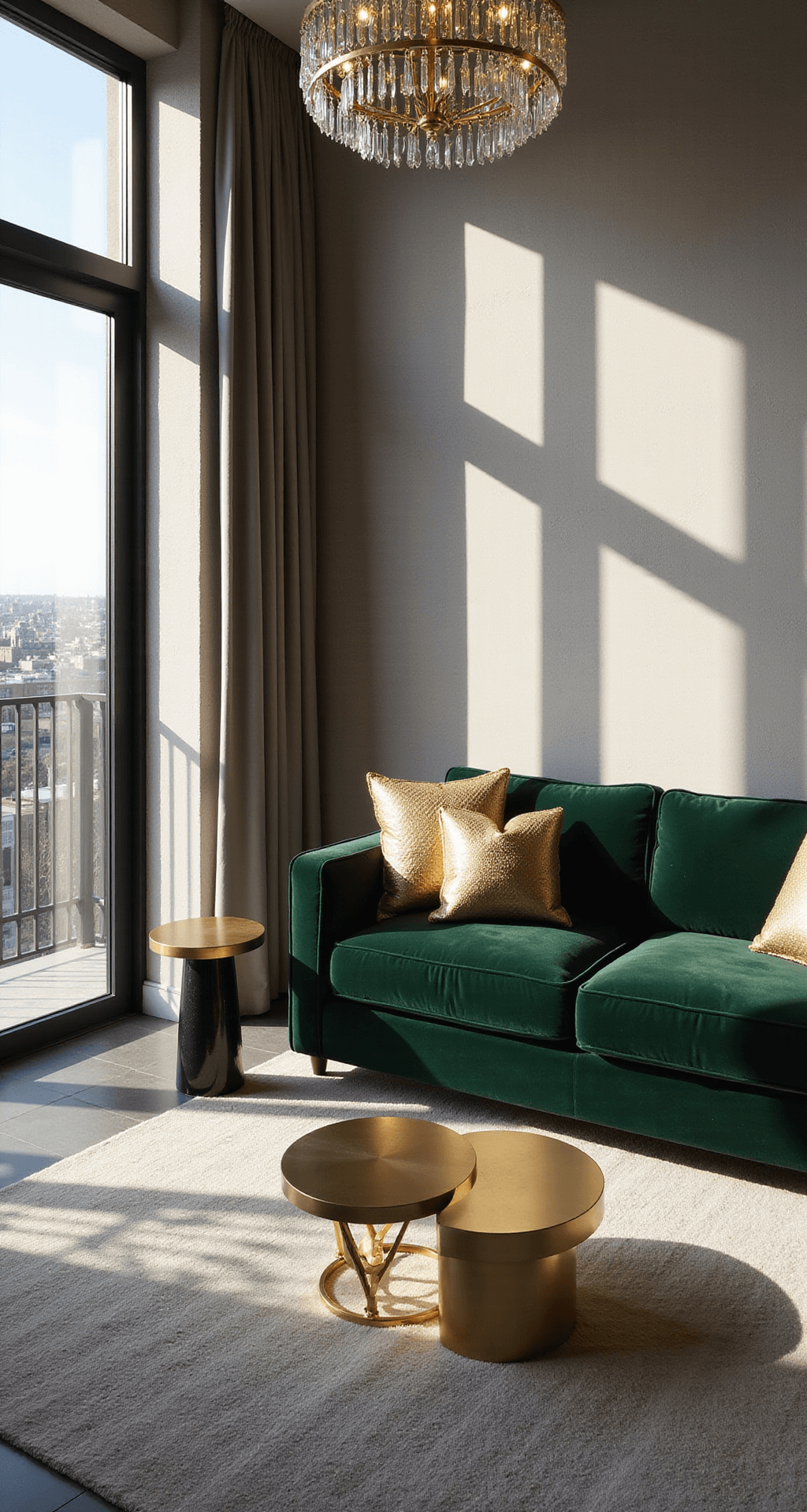 A modern 18x20ft living space featuring a statement emerald green velvet sectional, geometric gold accent pillows, brushed brass side tables, and a crystal chandelier, with dramatic shadows cast by mid-afternoon light through floor-to-ceiling windows.