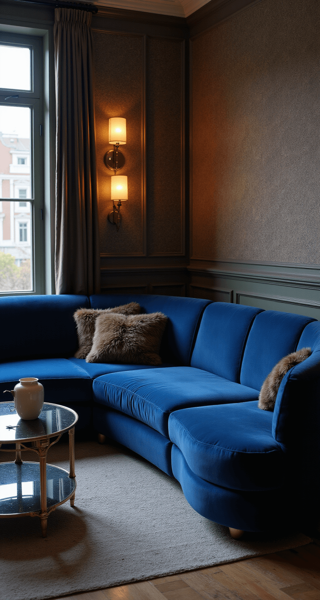 Intimate sitting room at dusk with a curved sapphire blue mohair sofa, textured wallpaper, art deco sconces, faux fur throws, and mirrored accent tables, captured from a corner angle with moody ambient lighting.