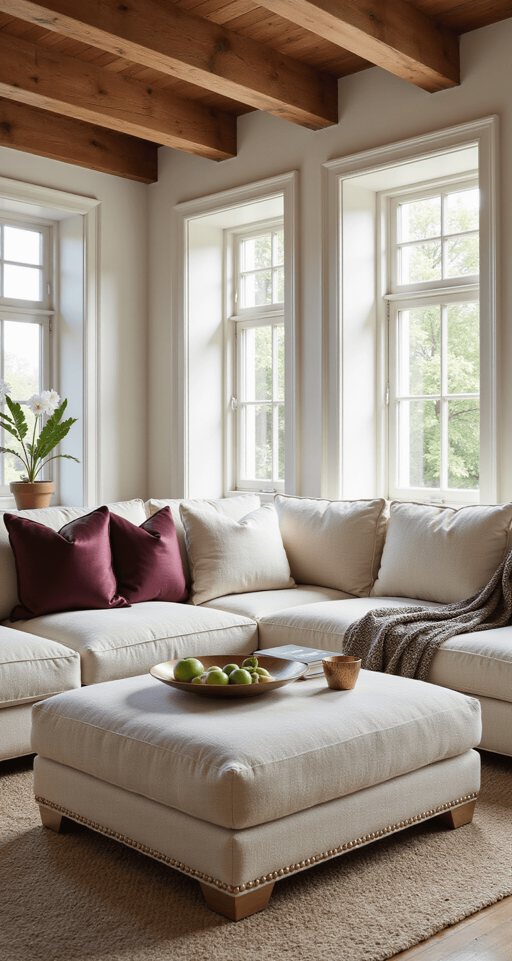 Sun-drenched great room with exposed wooden beams, featuring an L-shaped cream bouclé sectional adorned with burgundy silk pillows and a metallic weave throw, complemented by a marble coffee table, captured from an elevated angle to highlight the layered textures and architectural details.
