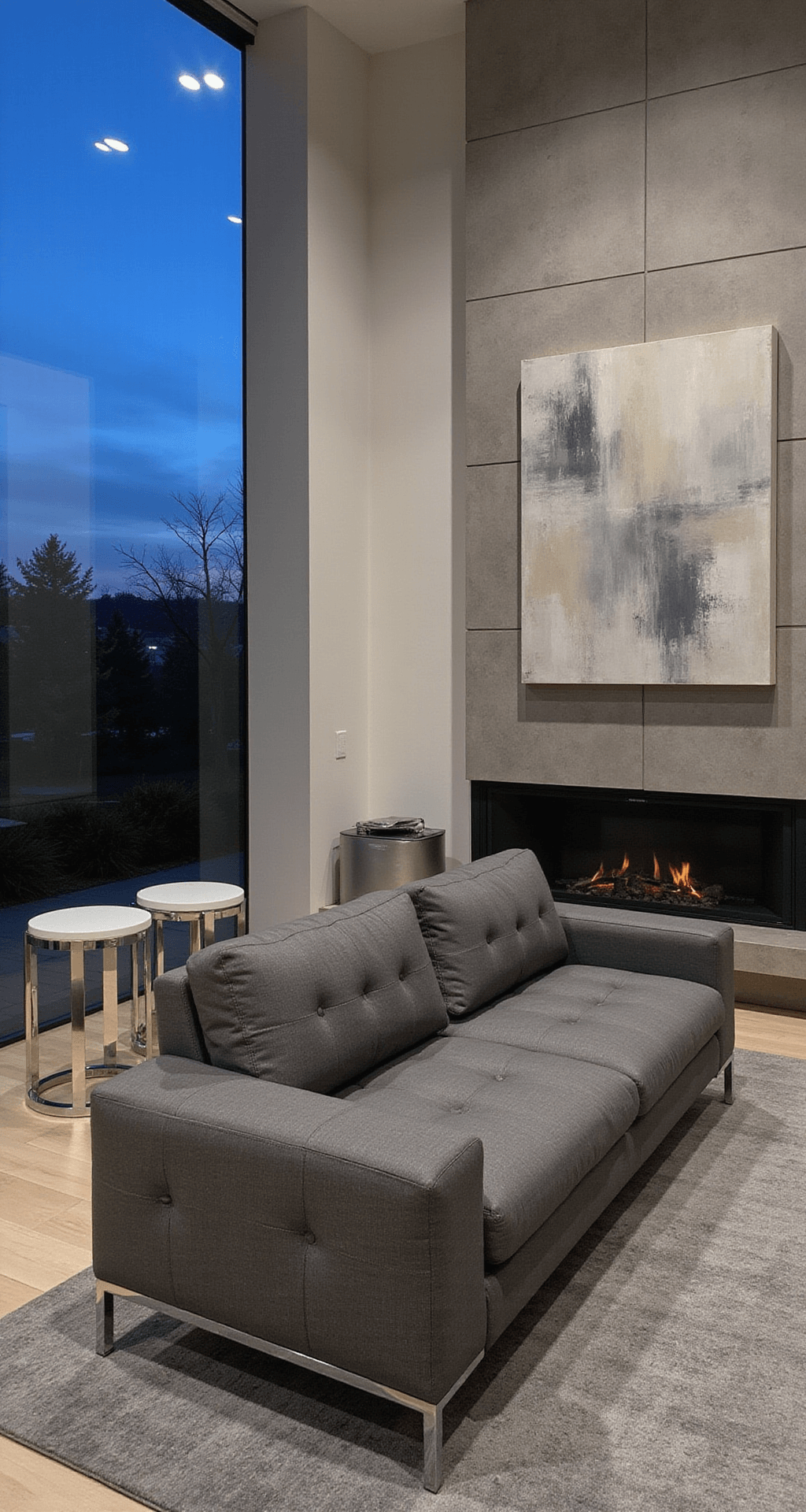 Contemporary lounge featuring a charcoal grey Italian wool sofa with channel tufting, chrome and glass side tables, and an abstract art piece, captured straight-on during blue hour.