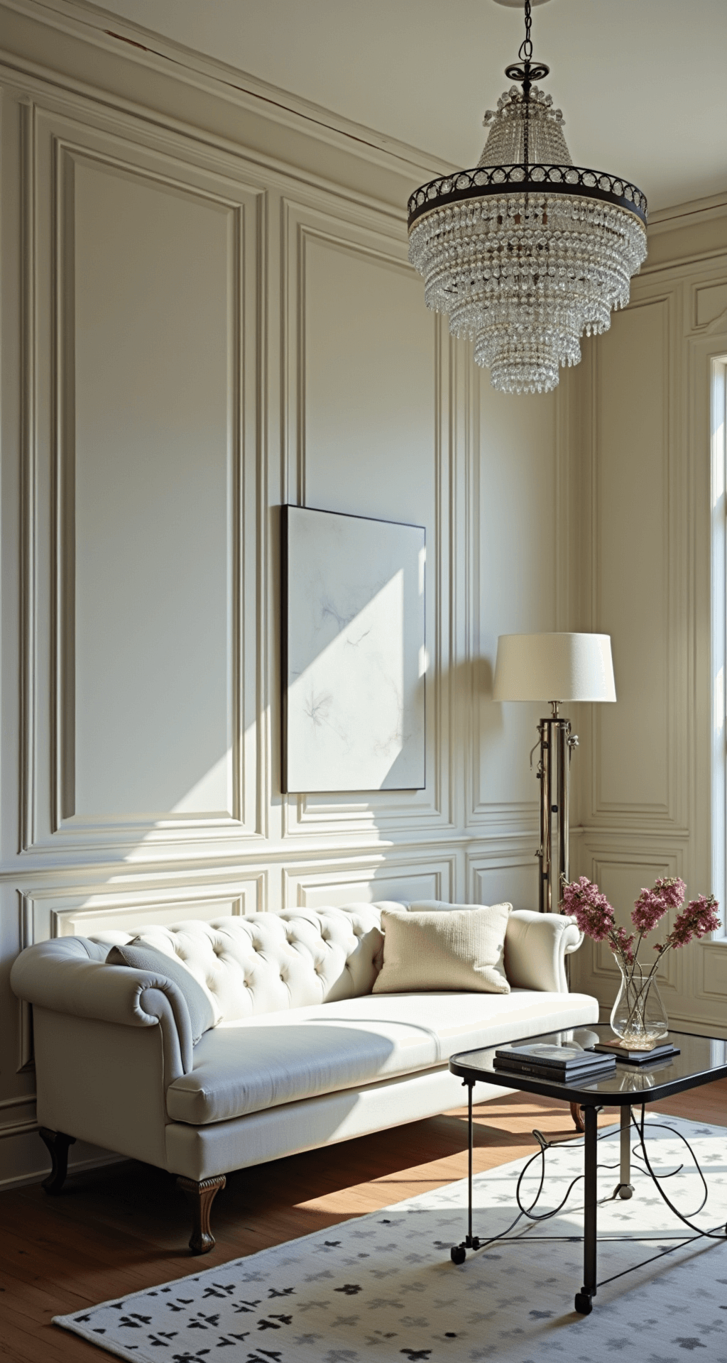 A spacious 20x22ft room featuring traditional wainscoting and a custom ivory linen sofa with rolled arms, complemented by modern chrome accents and geometric patterns; illuminated by a crystal chandelier casting prismatic light patterns, showcasing a blend of classical and contemporary design elements.