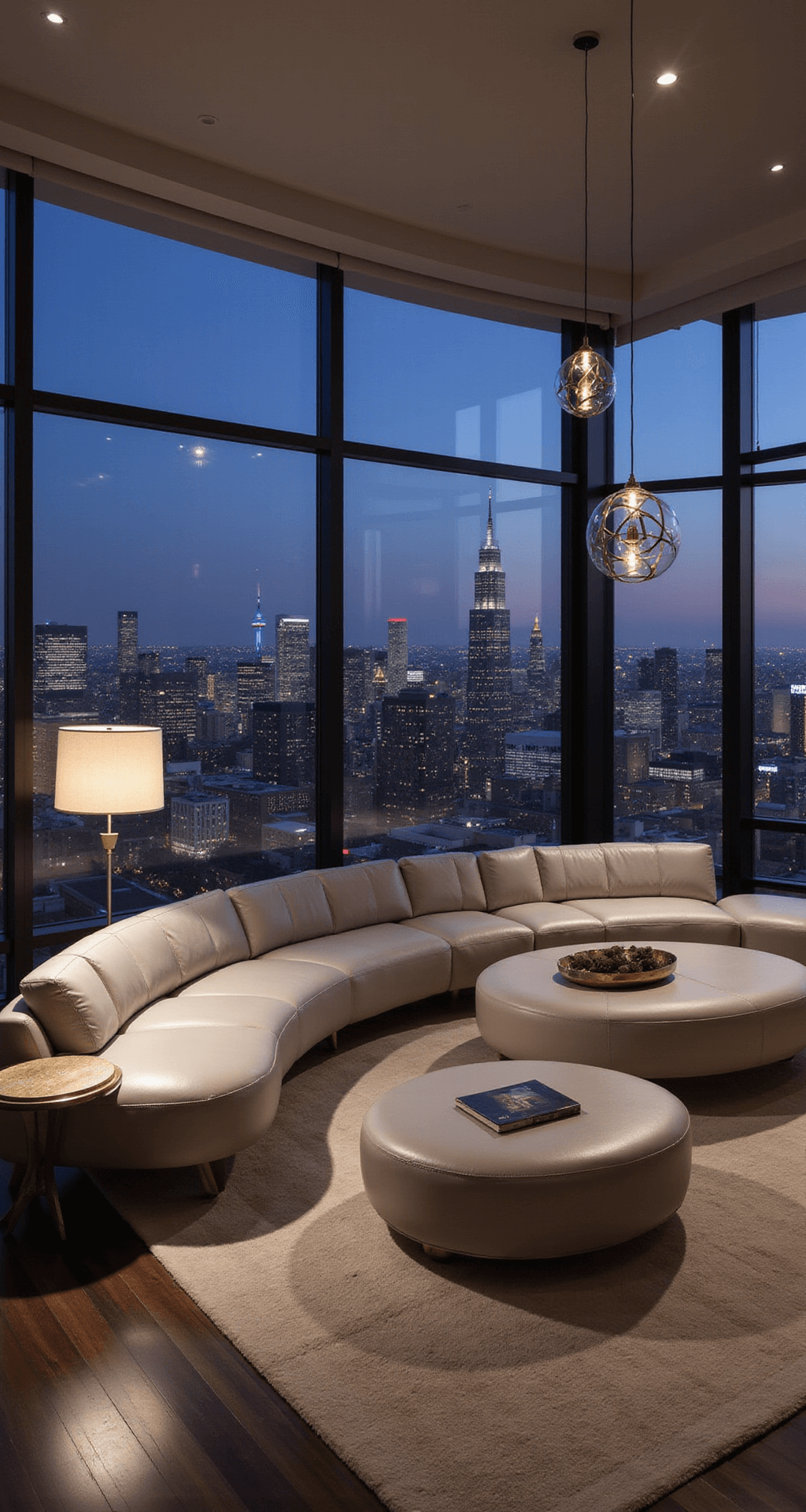 A luxurious penthouse living room featuring a 24x30ft space with panoramic windows, showcasing a statement curved sectional in pearl grey leather, layered lighting from floor lamps and pendant fixtures during twilight, highlighting elegant finishes against a darkening sky.