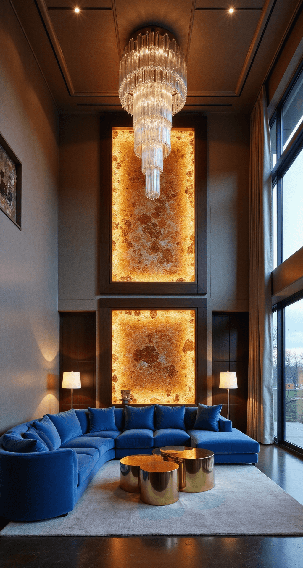 A stunning double-height living room at dusk, showcasing a sapphire blue sectional against grasscloth walls, with a dramatic crystal chandelier, glowing onyx feature wall, and geometric brass coffee tables, all accentuated by ambient lighting and an emphasis on vertical architectural details.