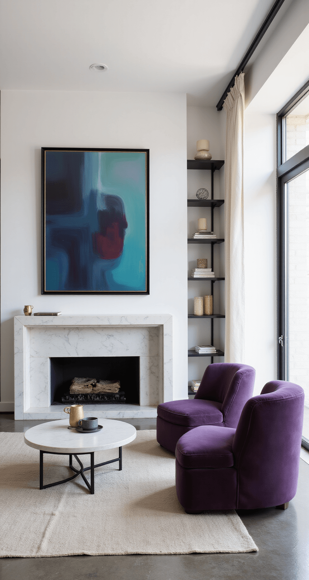 Wide-angle view of a contemporary art collector's living room featuring white walls adorned with large abstract paintings in jewel tones, purple accent chairs, a marble fireplace, minimalist black shelving with curated decor, and diffused natural light through sheer curtains, all set on polished concrete floors.