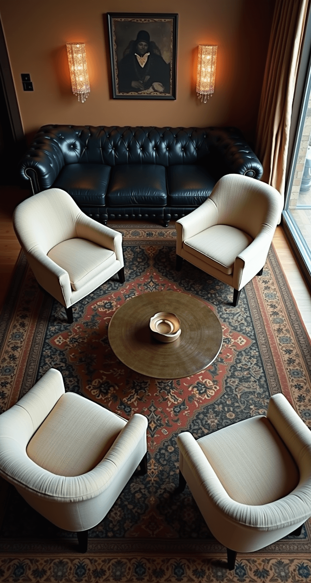 Aerial view of a cozy conversation area featuring two curved ivory bouclé chairs facing a black leather Chesterfield sofa, centered around a sculptural bronze coffee table on a vintage Persian rug. Crystal wall sconces provide dramatic lighting, with moody afternoon light enhancing the textures and arrangement.