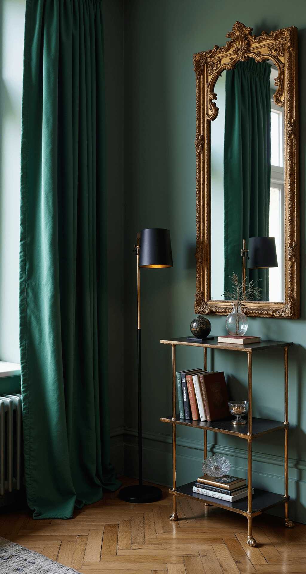 A luxurious living room corner at twilight featuring an antique gilded mirror, a modern matte black floor lamp, emerald silk drapery on herringbone wood floors, and a brass étagère filled with art books and decorative objects, all illuminated by dramatic side-lighting.