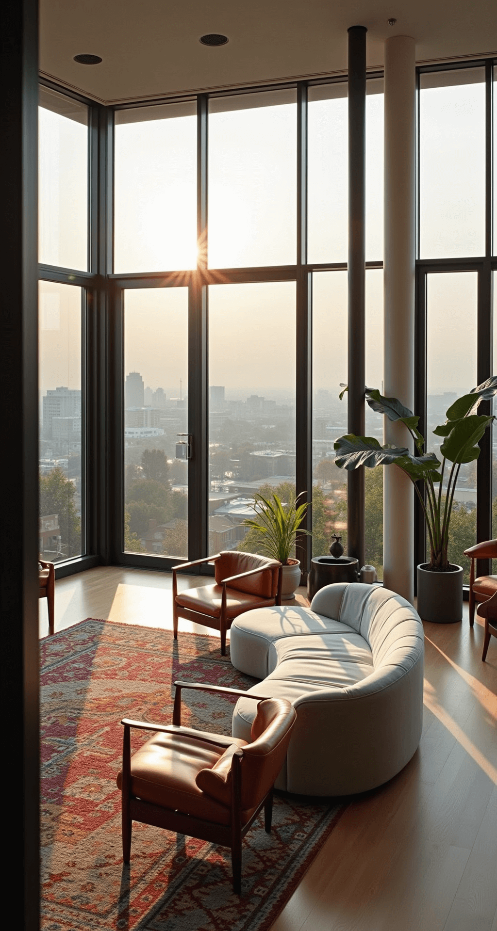 An open-concept living space at morning golden hour featuring floor-to-ceiling steel-framed windows with city views, mixed-era furniture including cognac leather mid-century chairs and a pearl grey velvet curved sofa, and a geometric jewel-toned carpet anchoring the seating area.