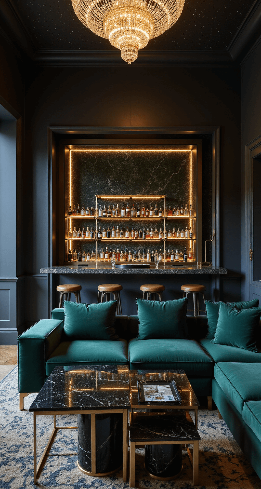 Dramatic night scene of a luxurious living room featuring a backlit onyx bar, a crystal chandelier casting constellation-like reflections, a deep emerald velvet sectional with brass accents, and black marble coffee tables with antiqued mirror tops, all illuminated by ambient lighting against dark walls.