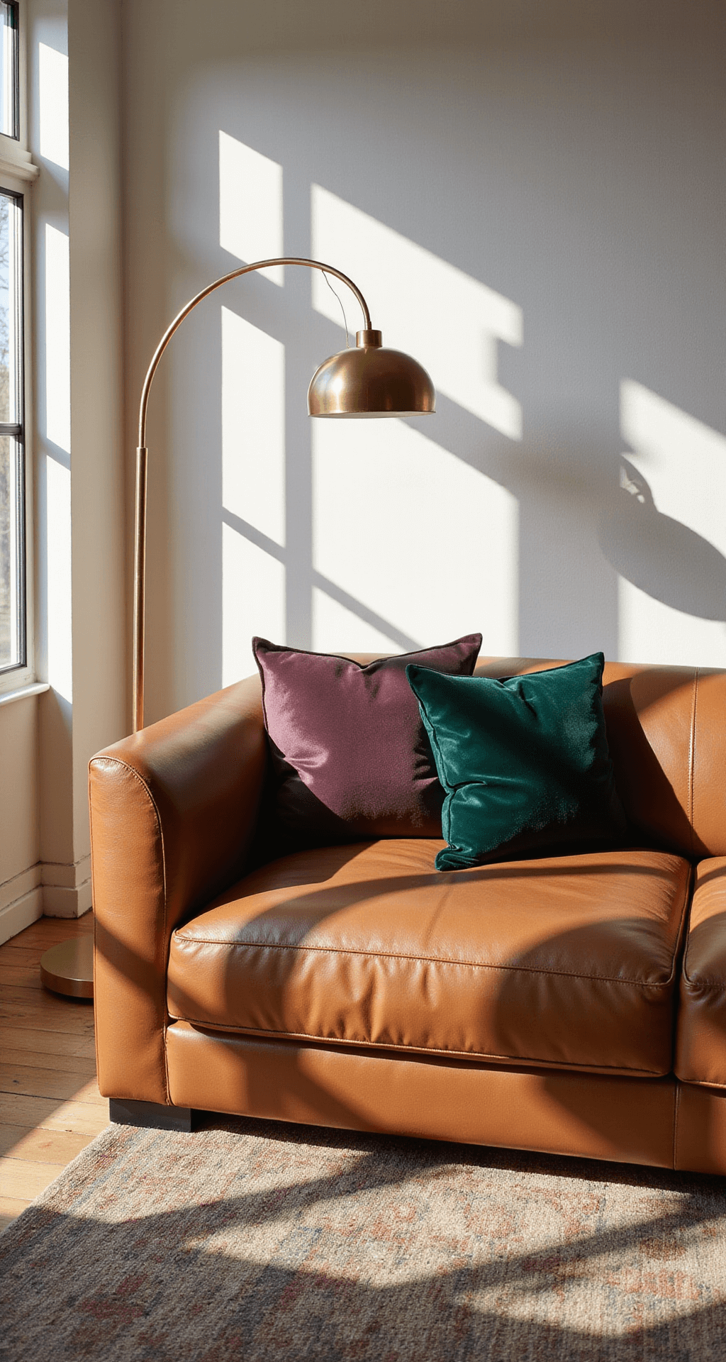 A contemporary living room bathed in golden hour light, featuring a cognac brown curved Italian leather sofa with jewel-toned pillows, whitewashed walls, and a hand-knotted Persian rug, created with soft diffused lighting.