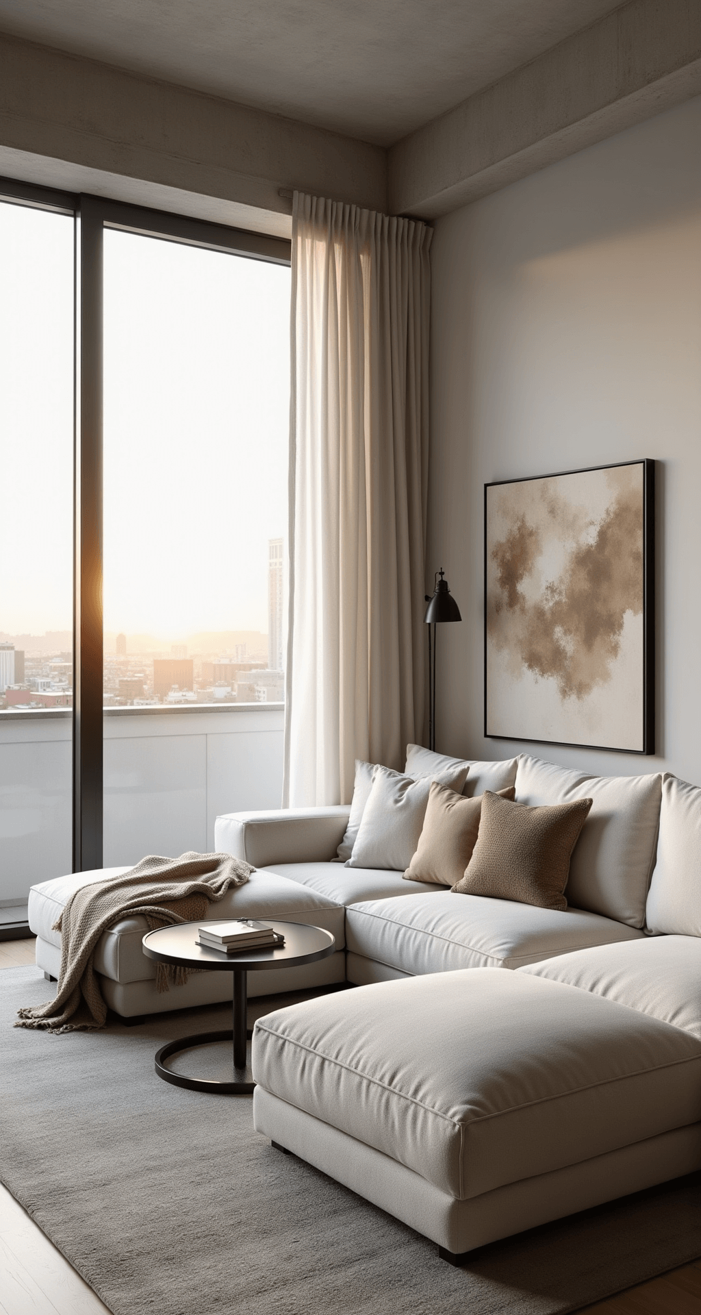 Modern minimalist penthouse living space featuring a cloud-white bouclé sectional sofa with textured pillows and a cashmere throw, illuminated by dawn light filtering through sheer linen curtains. The setting includes a matte black metal coffee table, abstract canvas art, and floor-to-ceiling windows, captured from a low-angle perspective.