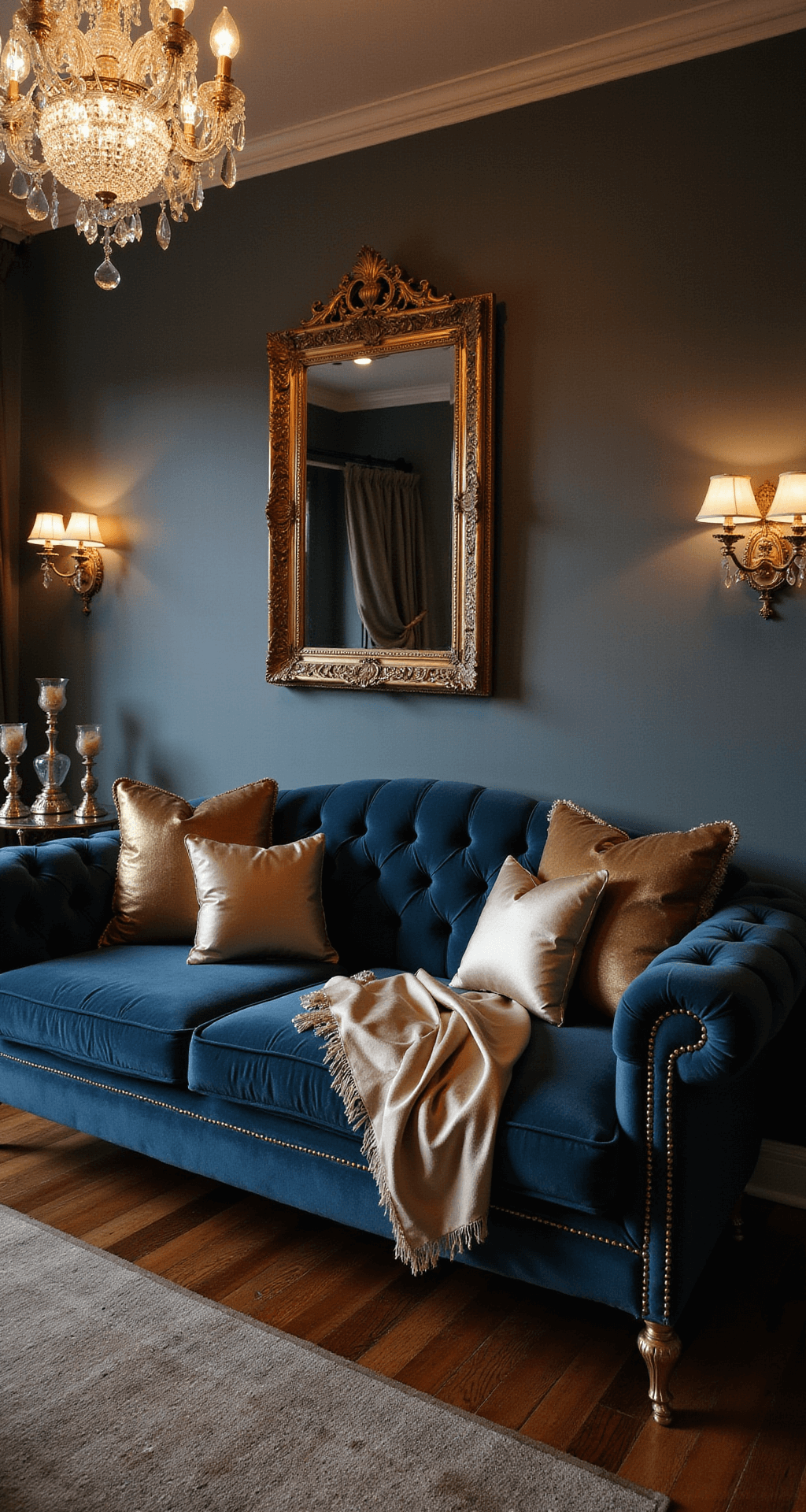 A cozy traditional living room featuring a deep navy tufted velvet sofa, adorned with mixed metallic pillows and a champagne silk throw, all illuminated by a crystal chandelier's warm light, with antique brass side tables and ornate gilt mirror enhancing the luxurious atmosphere, captured from an elevated wide-angle perspective.