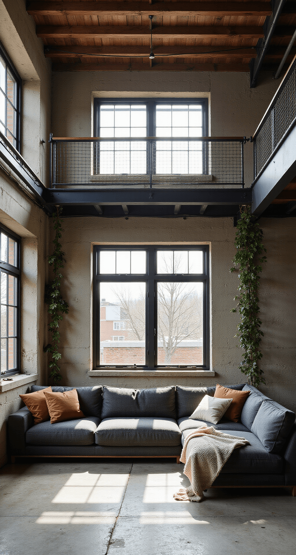 A double-height contemporary loft space with a modernist charcoal grey L-shaped sofa, oversized earth-toned linen pillows, and an ivory chunky knit throw, featuring industrial windows casting dramatic shadows, concrete floors, and trailing plants, viewed from a mezzanine at a 30-degree angle with a mix of natural and accent lighting.