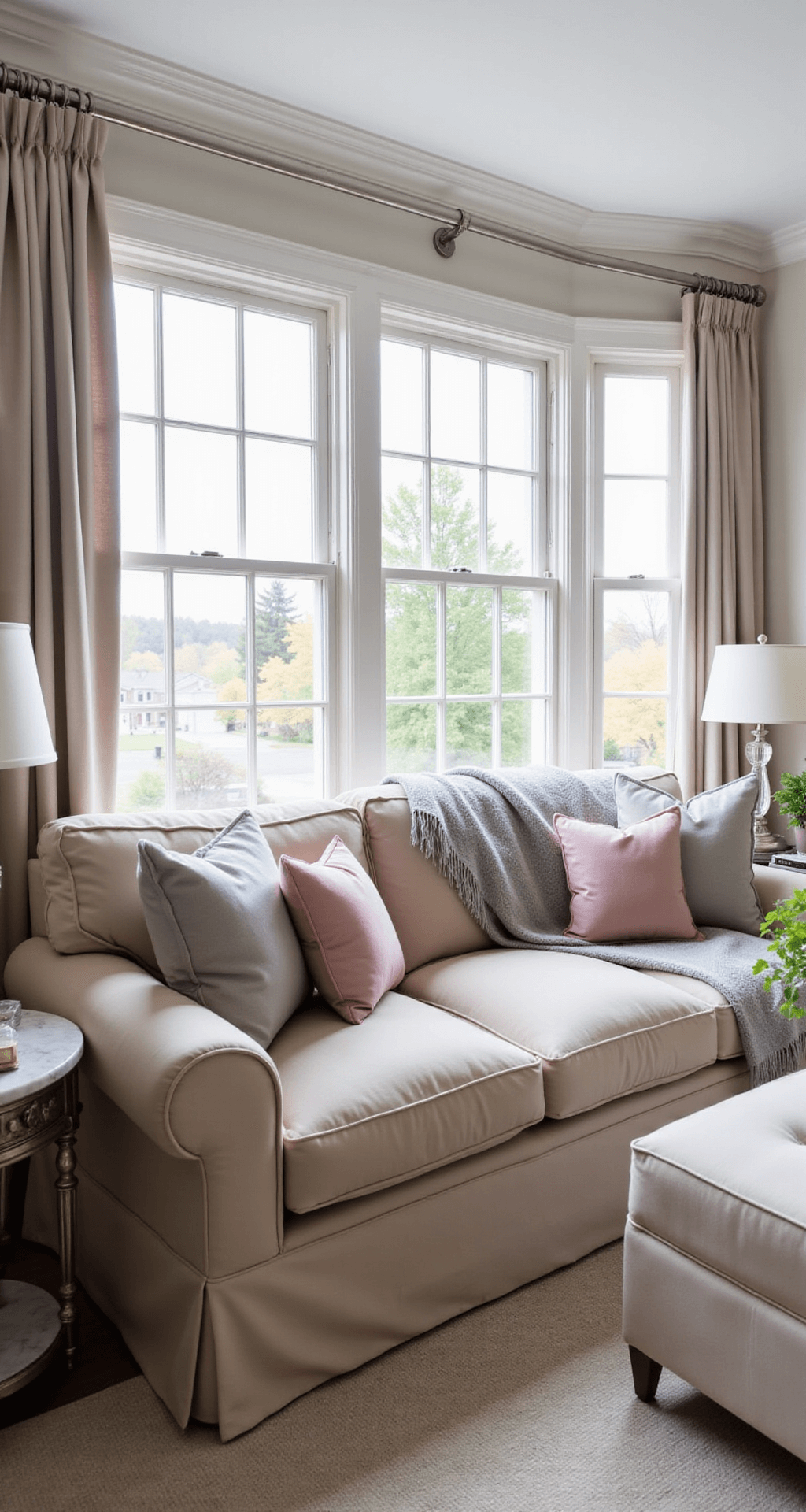 A cozy transitional living room featuring a champagne silk velvet roll-arm sofa, adorned with dusty rose and silver pillows, and a pearl grey cashmere throw. Natural light filters through bay windows with sheer curtains, highlighting vintage crystal sconces and marble side tables, complemented by a silver leaf mirror. The image captures the room's depth with a wide-angle perspective.