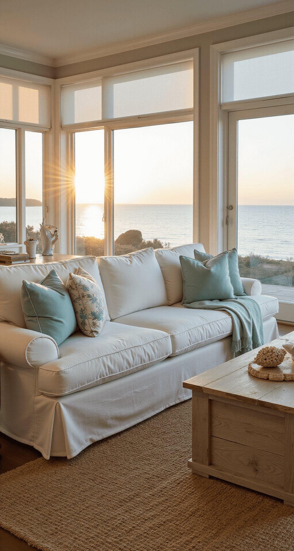 A spacious coastal living room at sunset, featuring a large white linen slipcovered sofa, sea glass-colored pillows, a bleached wood coffee table, and a jute rug, all illuminated by golden hour light streaming through panoramic windows that showcase water views.