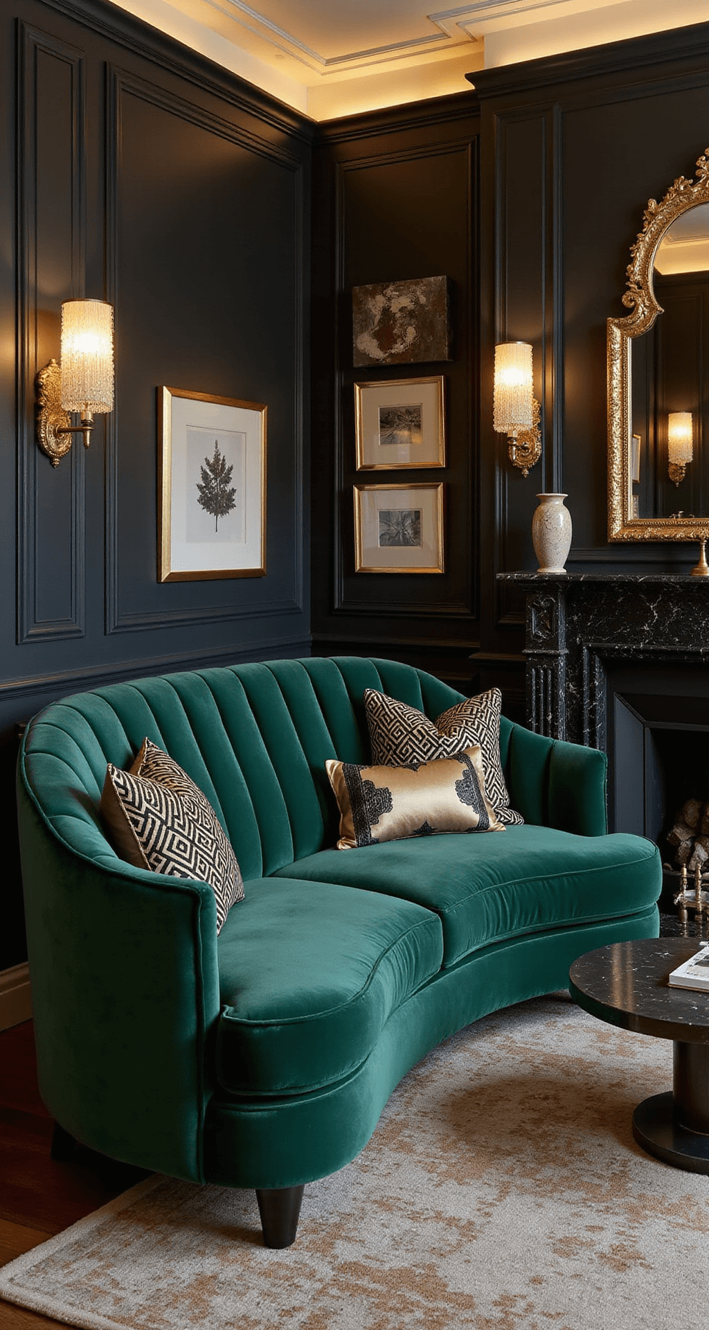 Elegant Art Deco-inspired formal living room featuring an emerald green velvet curved channel-tufted sofa, geometric black and gold pillows, and a silk throw. The room is illuminated by crystal sconces and hidden LED cove lighting, highlighting a black marble fireplace and brass accessories against a mirrored accent wall, shot from a straight-on perspective with a slight downward angle to showcase symmetry.