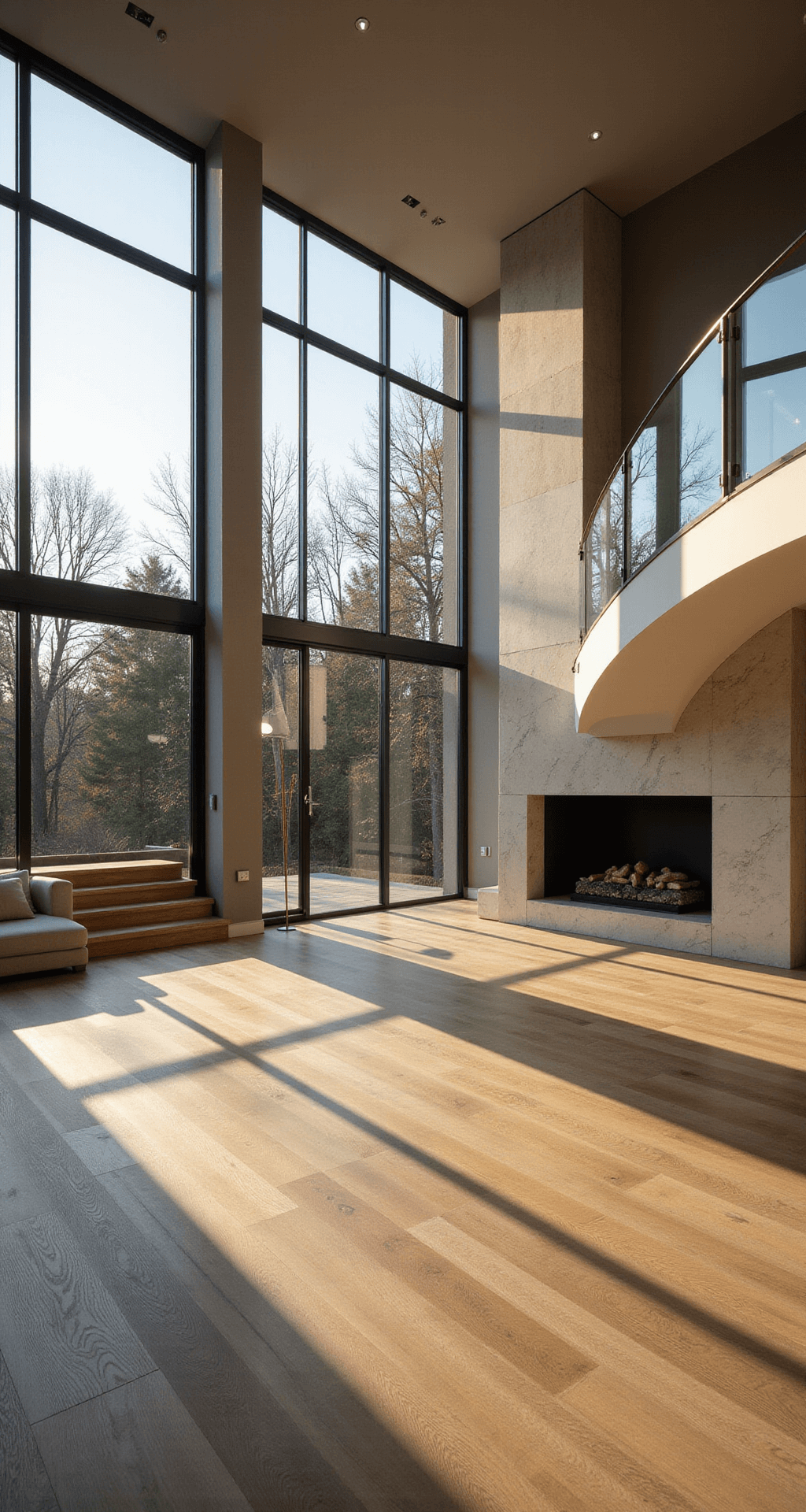 Luxury Living Room Designs: Crafting the Ultimate Modern Sanctuary A contemporary living room with 14-ft ceilings, showcasing floor-to-ceiling windows, a floating glass staircase, and a marble fireplace, all illuminated by golden hour light, casting dramatic shadows on bleached oak flooring.