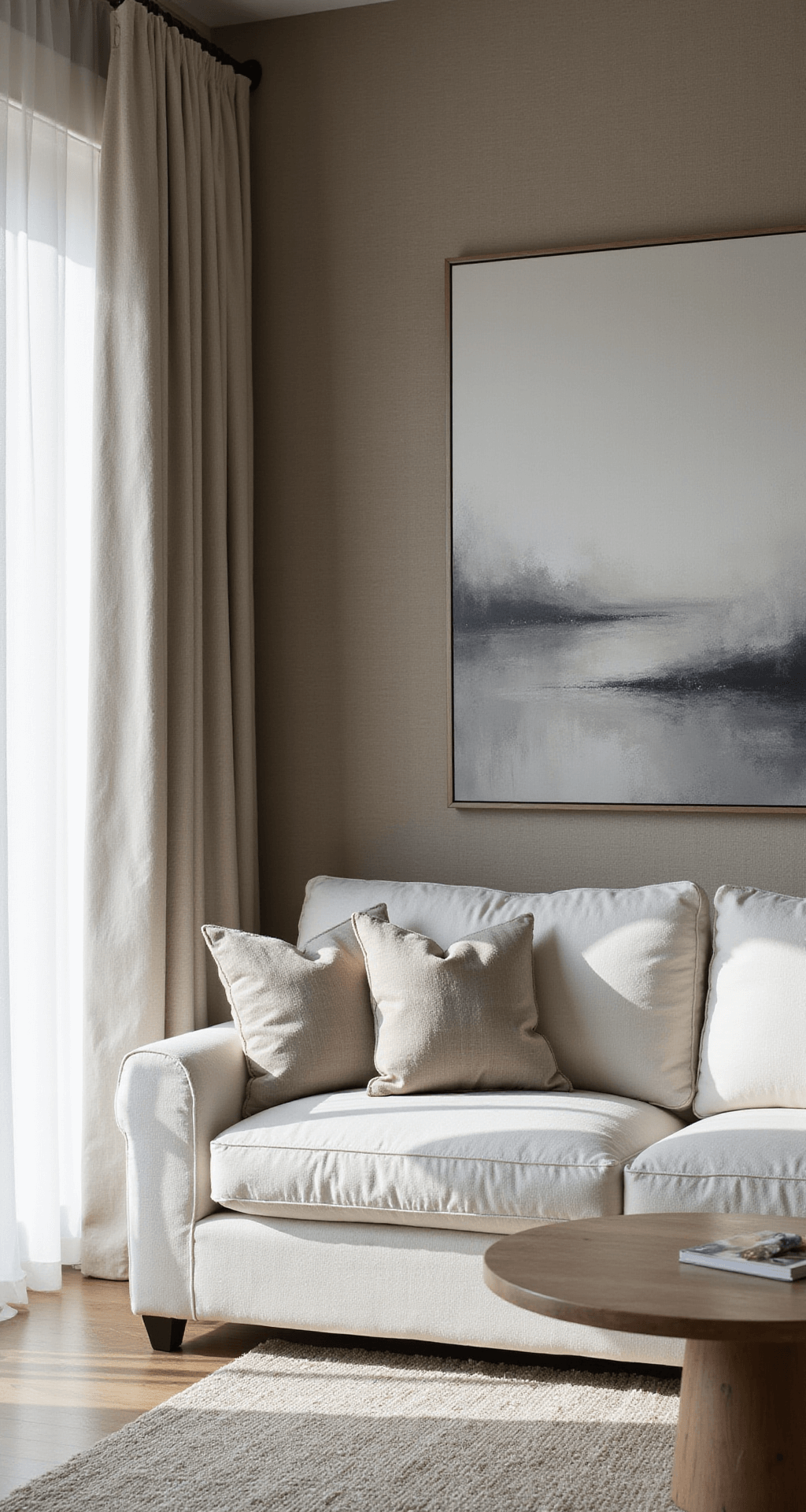 Luxury Living Room Designs: Crafting the Ultimate Modern Sanctuary A cozy 25x25ft living space featuring warm greys and creamy whites, with a cloud-white bouclé sectional, taupe grasscloth wallpaper, and sheer linen drapes, illuminated by soft natural light. An oversized abstract canvas in muted tones is displayed on the main wall, creating a calm and sophisticated atmosphere.