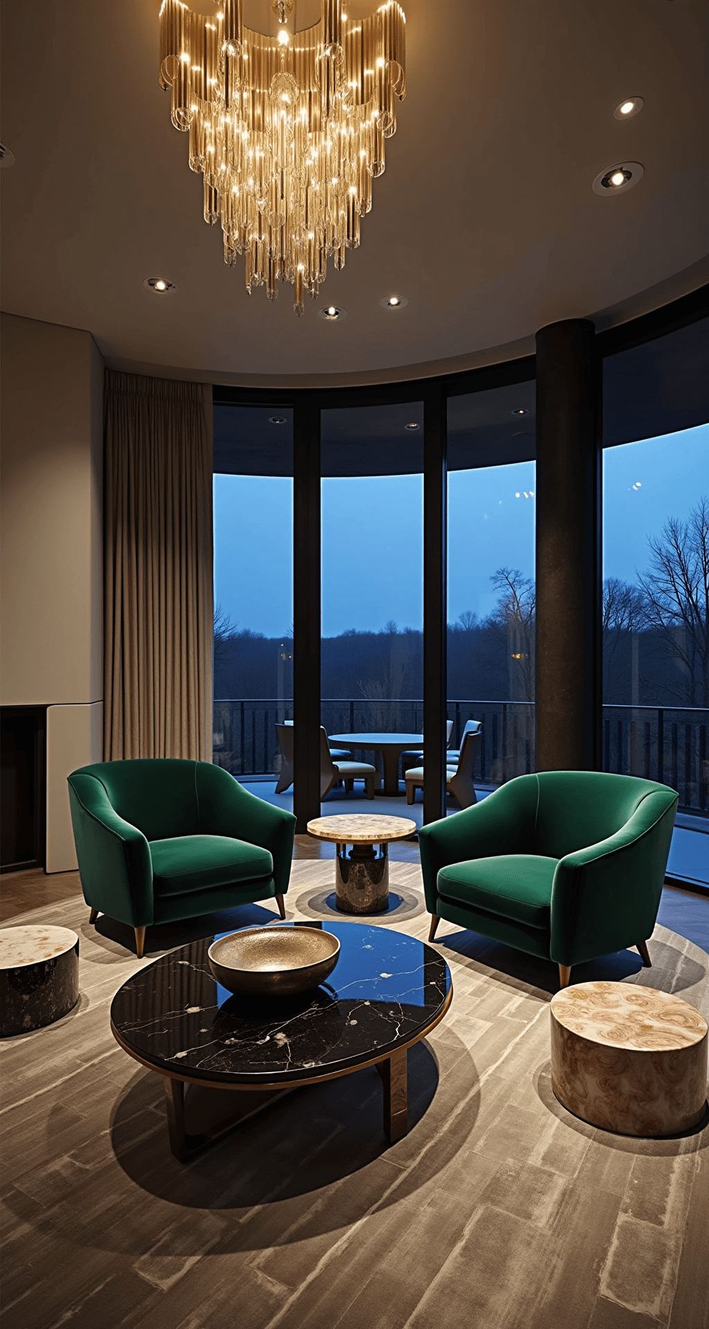 Luxury Living Room Designs: Crafting the Ultimate Modern Sanctuary A luxurious 18x24ft living area during blue hour, featuring emerald velvet armchairs, a brass coffee table with a smoked glass top, and veined marble side tables illuminated by a sculptural chandelier, captured from an elevated angle.