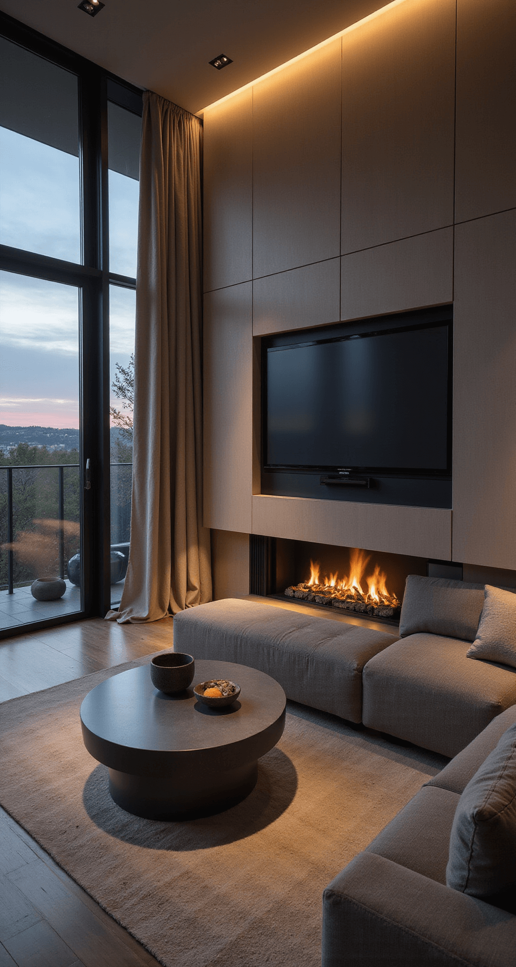 Luxury Living Room Designs: Crafting the Ultimate Modern Sanctuary A modern smart home sanctuary featuring a 22x28ft space at dusk, showcasing motorized floor-to-ceiling curtains, automated lighting in distinct zones, and a concealed projector screen. Minimalist greige furniture complements integrated technology, with programmed scene lighting and subtle LED accents creating a sophisticated atmosphere.