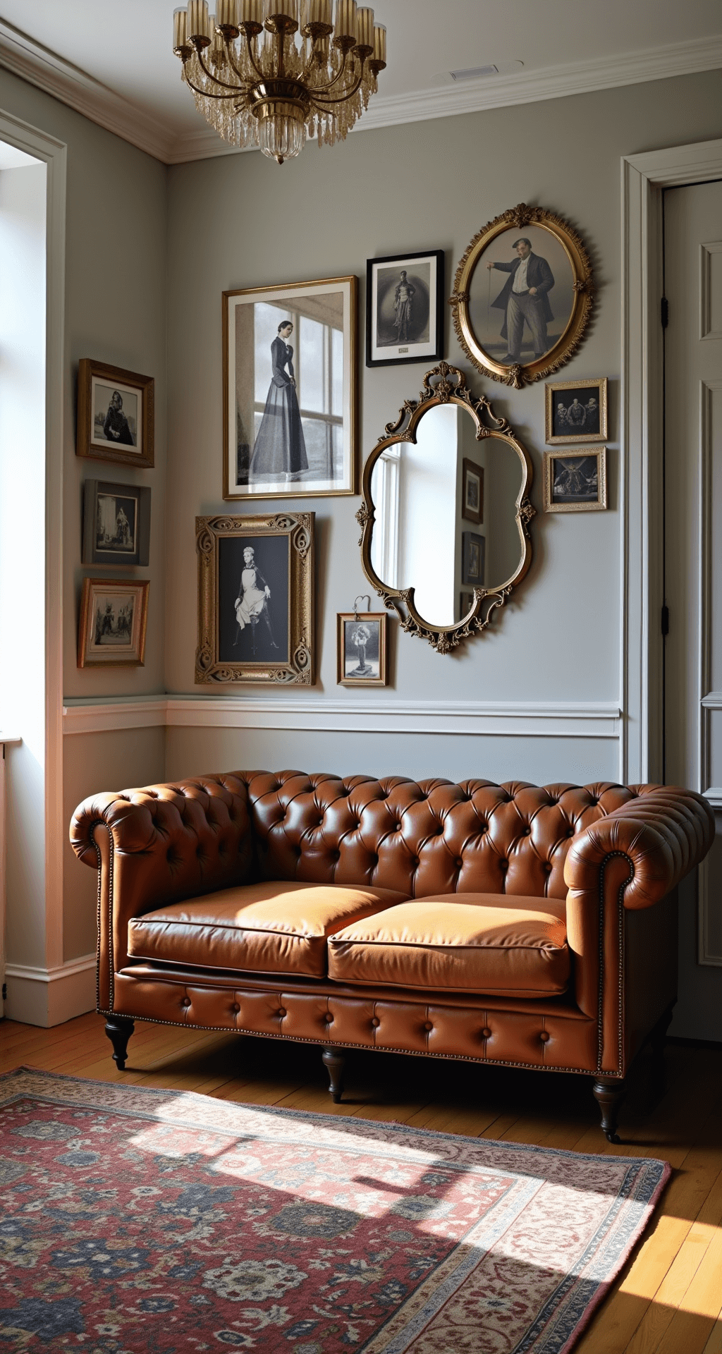 Luxury Living Room Designs: Crafting the Ultimate Modern Sanctuary A cozy luxury den featuring a handcrafted leather Chesterfield sofa, a gallery wall of black-and-white photography and vintage brass mirrors, with an antique Persian rug over sisal flooring, illuminated by natural morning light and a contemporary glass chandelier.