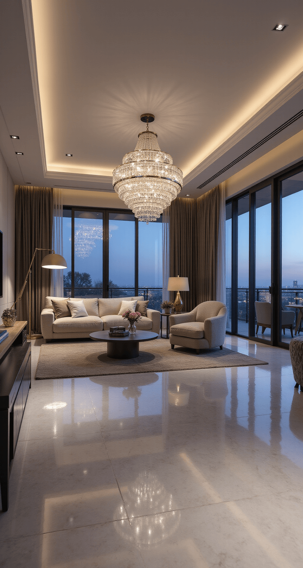 Luxury Living Room Designs: Crafting the Ultimate Modern Sanctuary A spacious open-concept living area at twilight, featuring multiple lighting zones with a crystal chandelier, recessed spots, LED cove lighting, and silk-shaded table lamps, highlighting modern pearl grey and ivory furnishings on reflective marble flooring. The elevated corner angle emphasizes the ethereal elegance of the layered artificial lighting and twilight glow.