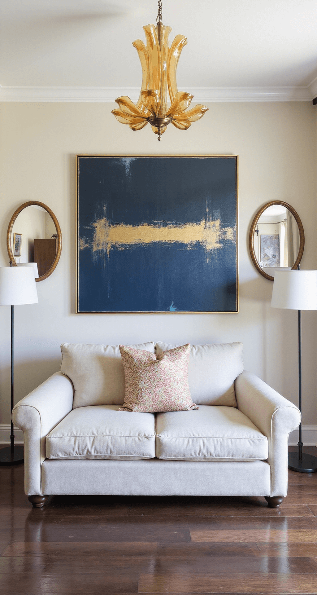 Luxury Living Room Designs: Crafting the Ultimate Modern Sanctuary A stylish living room showcasing a vintage Murano glass chandelier above a modernist oatmeal linen sofa, accented by a large DIY abstract art piece in navy and gold, with strategically placed mirrors enhancing the afternoon light.