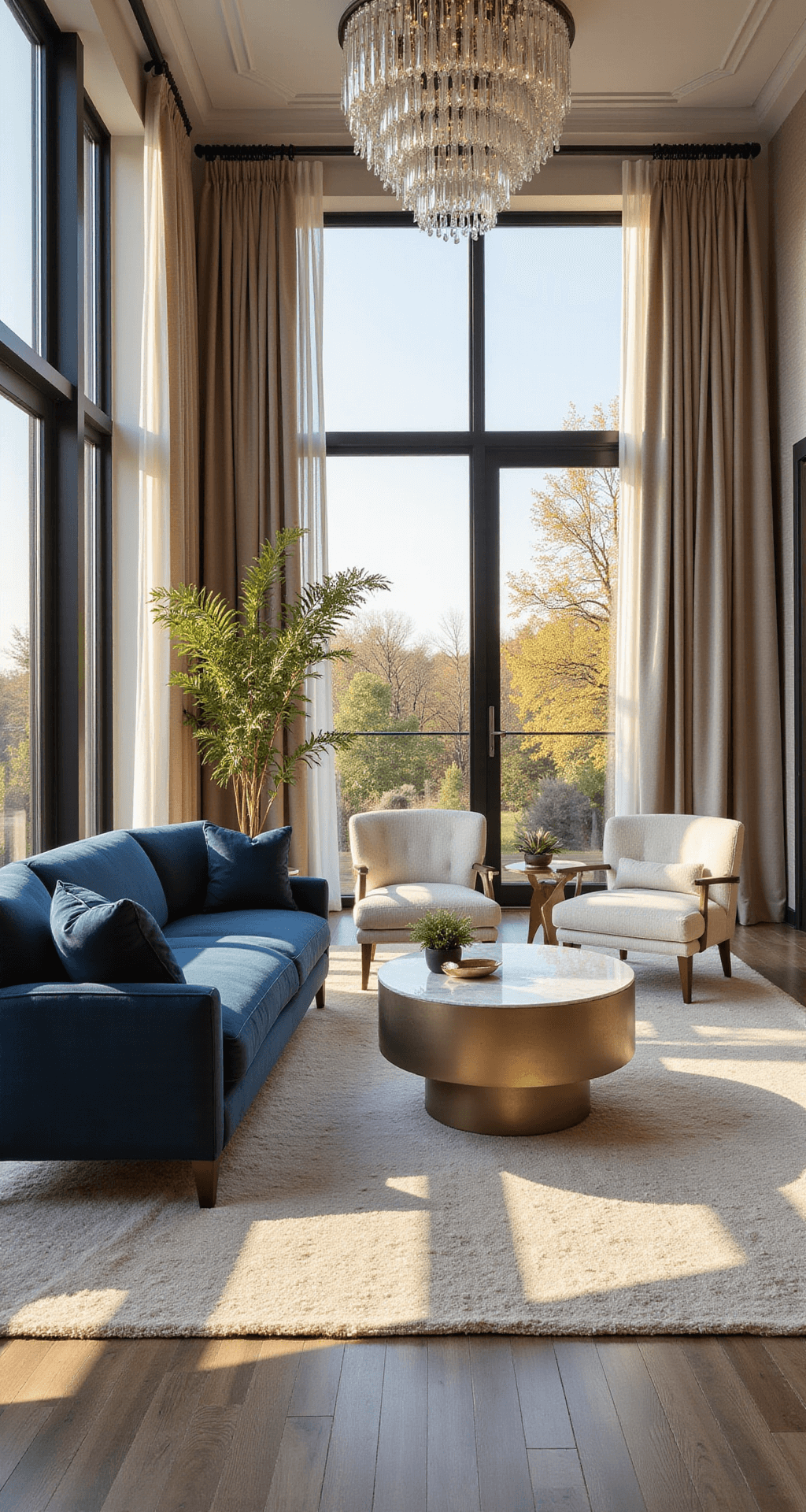 A luxurious living room with a curved sapphire sofa, cream bouclé chairs, and a veined Calacatta marble coffee table, illuminated by golden hour light through floor-to-ceiling windows. The space features 12ft ceilings with a crystal chandelier, an ivory Moroccan rug, silk pillows, and warm greige grasscloth wallpaper.