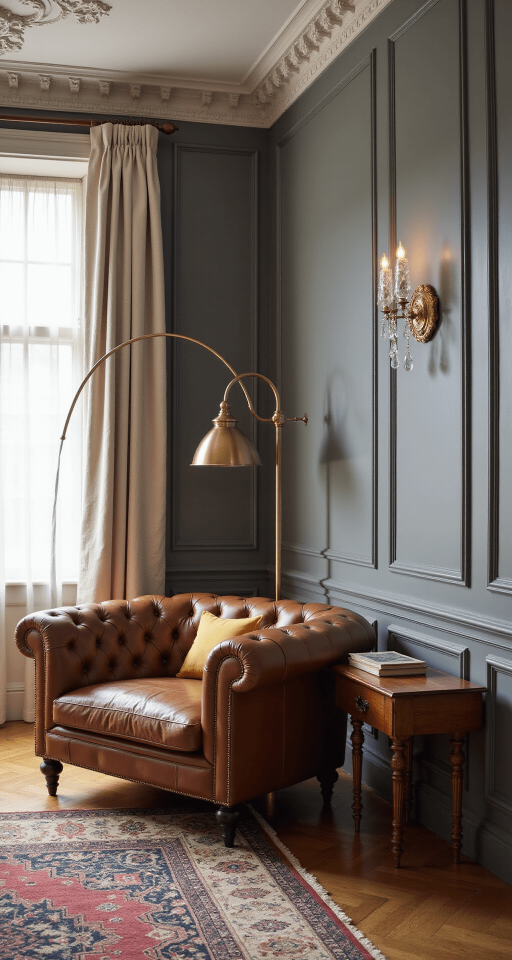 Intimate corner of a classical living room featuring a cognac brown tufted leather Chesterfield, paneled walls painted in Revere Pewter, and an antique brass floor lamp. A burled wood side table holds curated art books, with herringbone hardwood floors partially covered by a vintage Persian rug. The scene is lit by early morning light filtering through sheer linen drapes, enhanced by warm artificial lighting, highlighting the ceiling medallion and crystal sconces above.