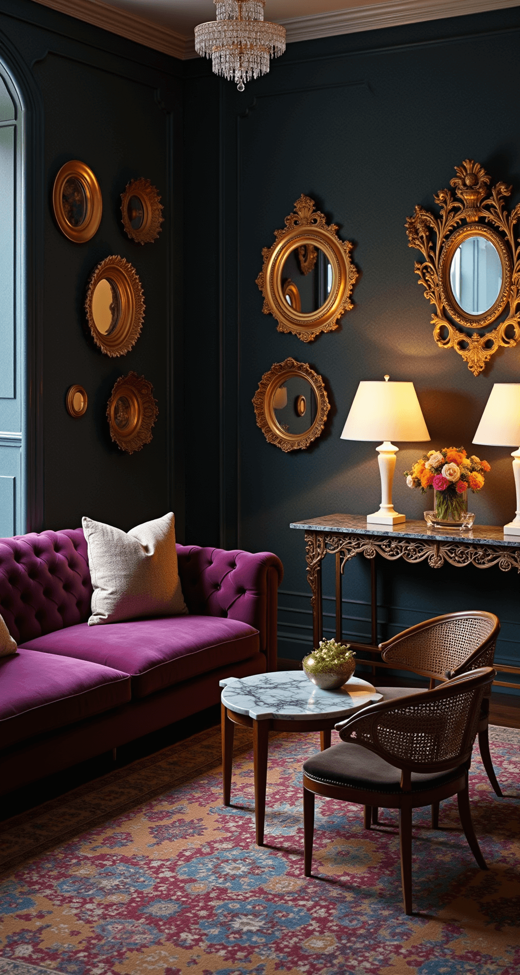 A moody evening scene in a maximalist living room featuring deep navy grasscloth walls adorned with gilded mirrors, a tufted aubergine velvet sofa, vintage cane chairs, and a warm alabaster table lamp illuminating a shagreen console, all set on layered vintage rugs in rich jewel tones, with a dimmed crystal chandelier casting dramatic shadows that accentuate the textures.