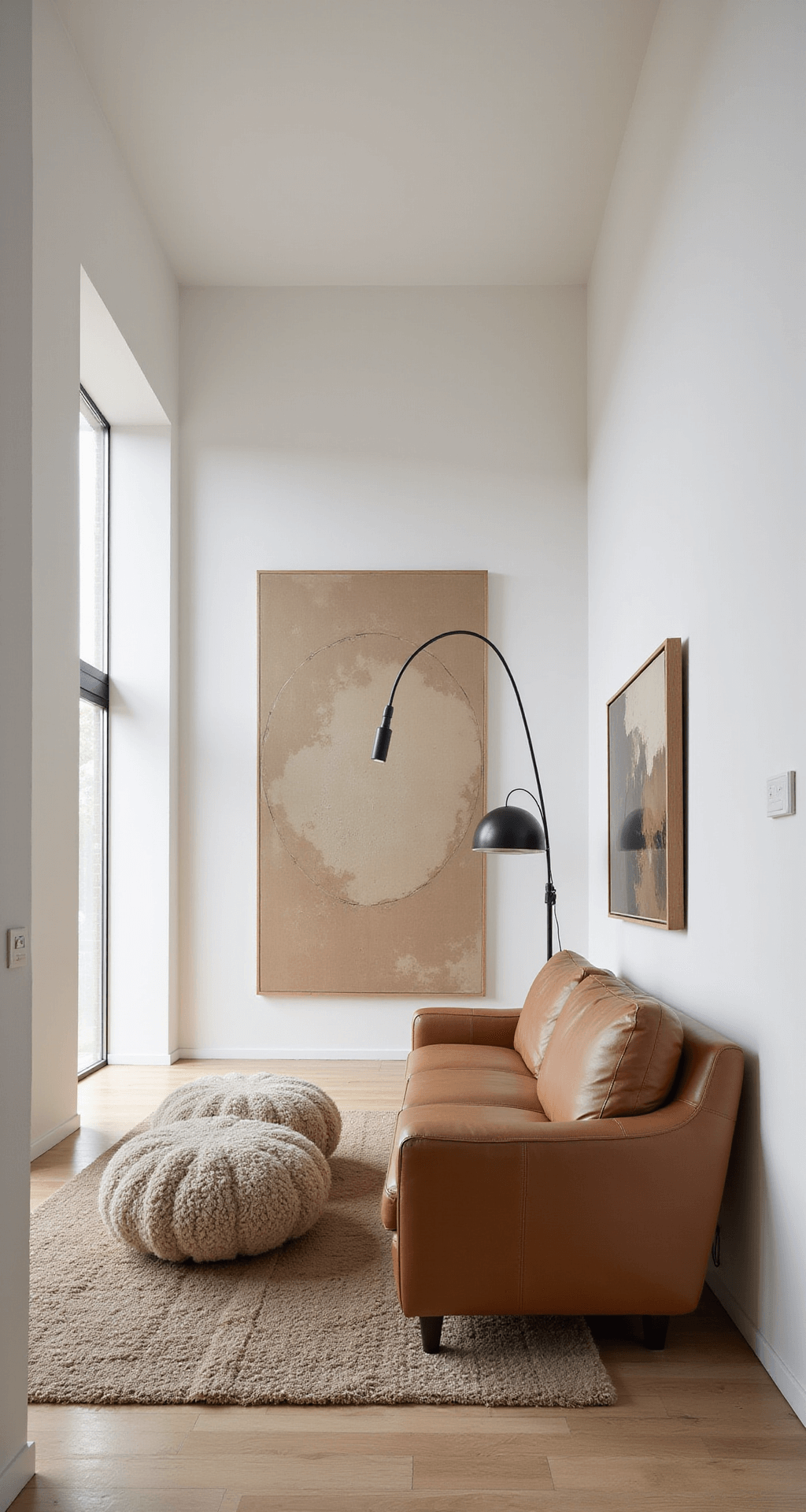 Contemporary minimalist living space with high white walls, oversized abstract art, camel leather sectional, bleached oak floors, blackened steel floor lamp, and a chunky wool rug, all illuminated by morning light.