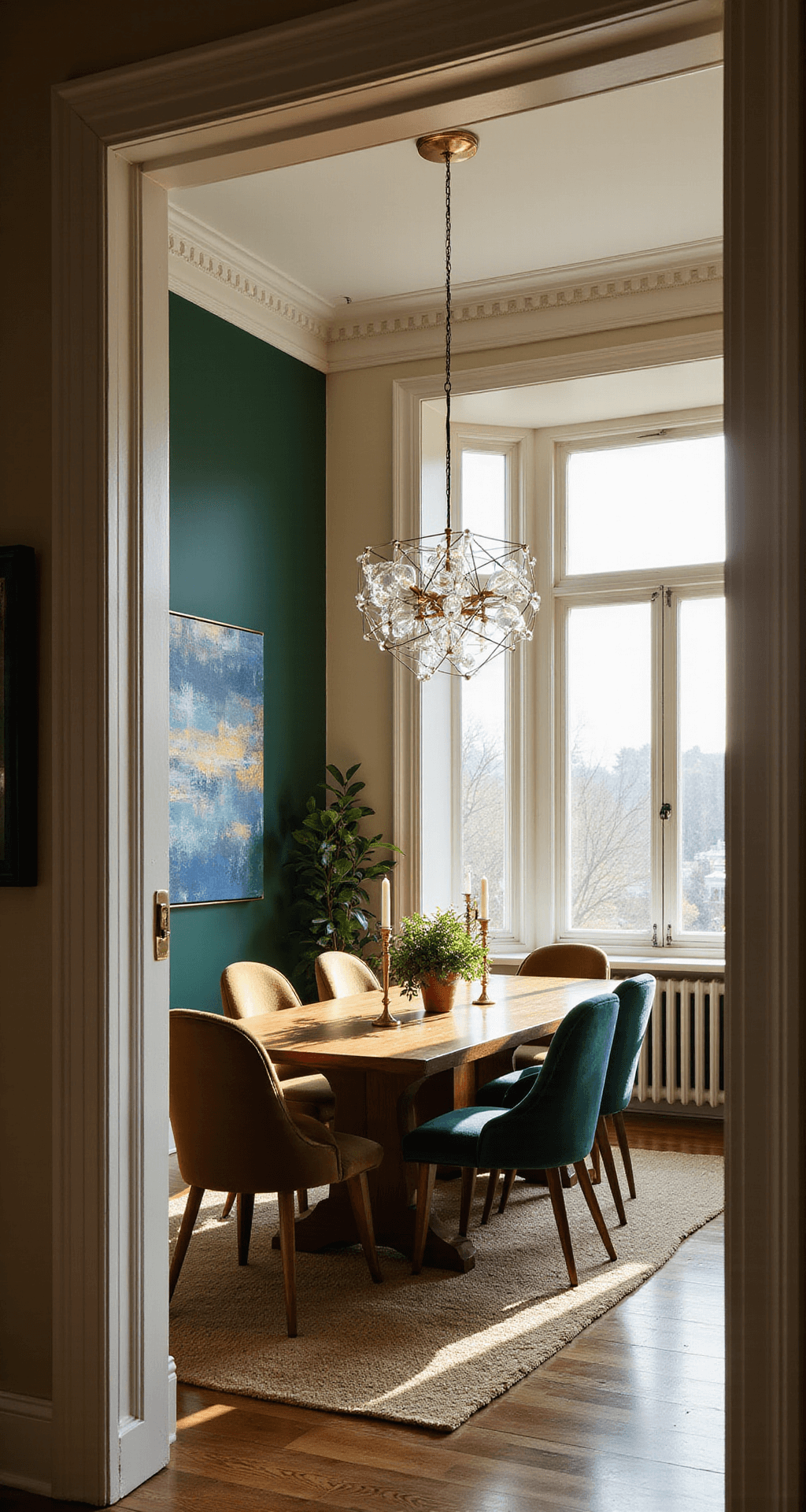 A dramatic dining room featuring a walnut 8-seater table under a geometric brass chandelier, surrounded by mismatched jewel-toned velvet chairs. Deep emerald green and cream walls complement the warm golden hour sunlight streaming through floor-to-ceiling windows, casting rich shadows on the textured surfaces. Decor includes brass candlesticks, fresh greenery, and a large abstract canvas in blues and golds.