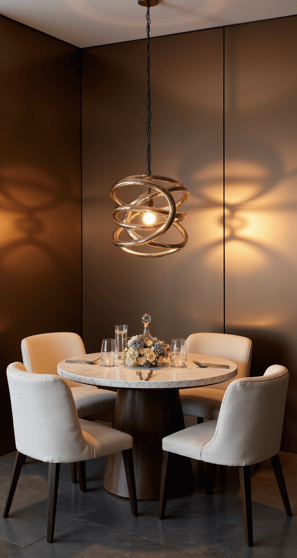 Intimate dining space at dusk featuring a round marble table with four cream bouclé chairs, an oversized pendant light with metal rings, and a metallic bronze wall treatment, all enhanced by layered lighting and decorative elements like crystal decanters and a floral arrangement.
