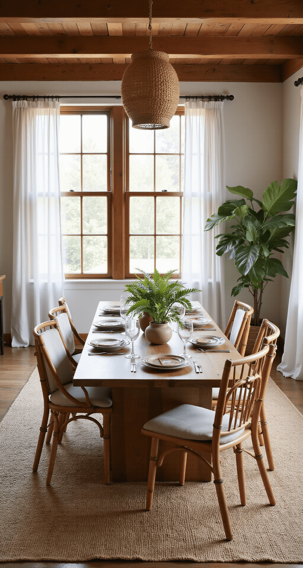 A sustainable-chic dining room featuring a reclaimed oak dining table with bamboo-frame chairs, all set against exposed wooden beams. Large windows with sheer eco-friendly curtains allow soft daylight, illuminating the space decorated with a jute rug, ceramic pottery, and living plants. The earth-tone color palette includes moss green and warm terracotta accents, captured from a slightly elevated angle.