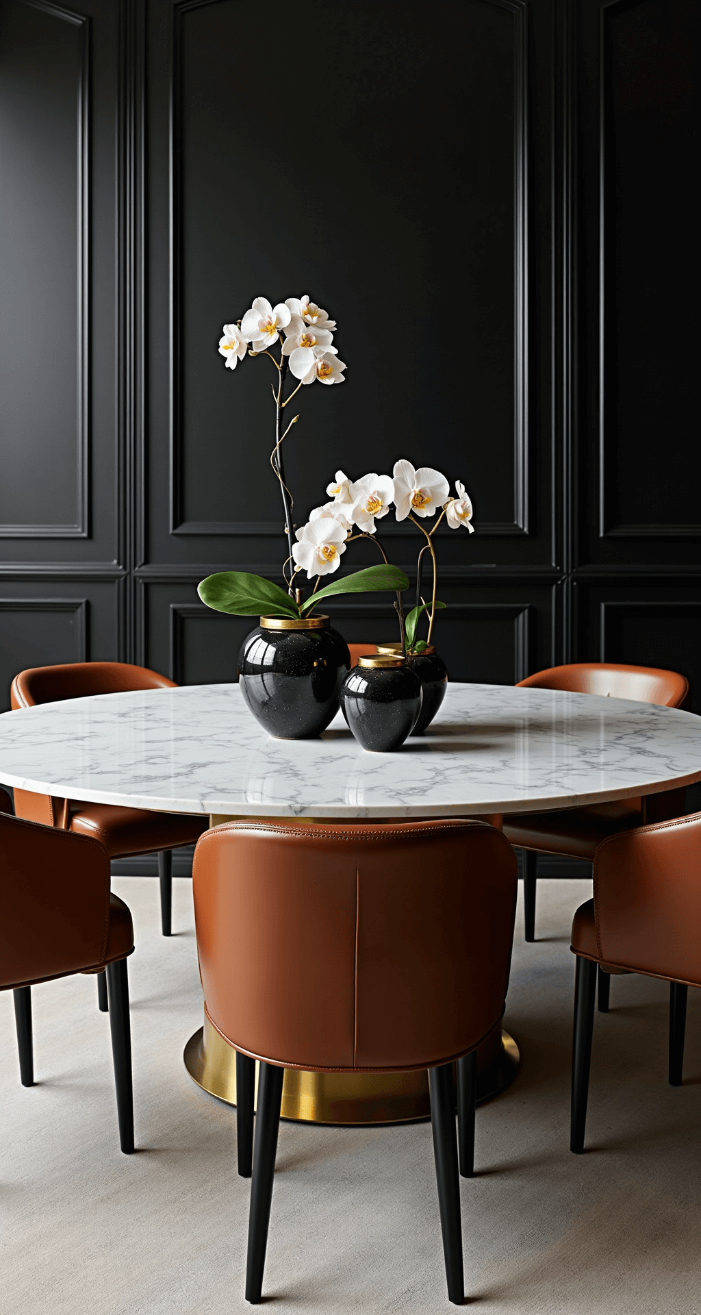 A modern luxe dining space featuring a marble table surrounded by leather chairs, set against a dramatic black accent wall with geometric paneling. The scene is styled with black marble vessels, gold-rimmed glassware, and a striking orchid arrangement, all captured in controlled studio lighting to highlight the material contrasts.