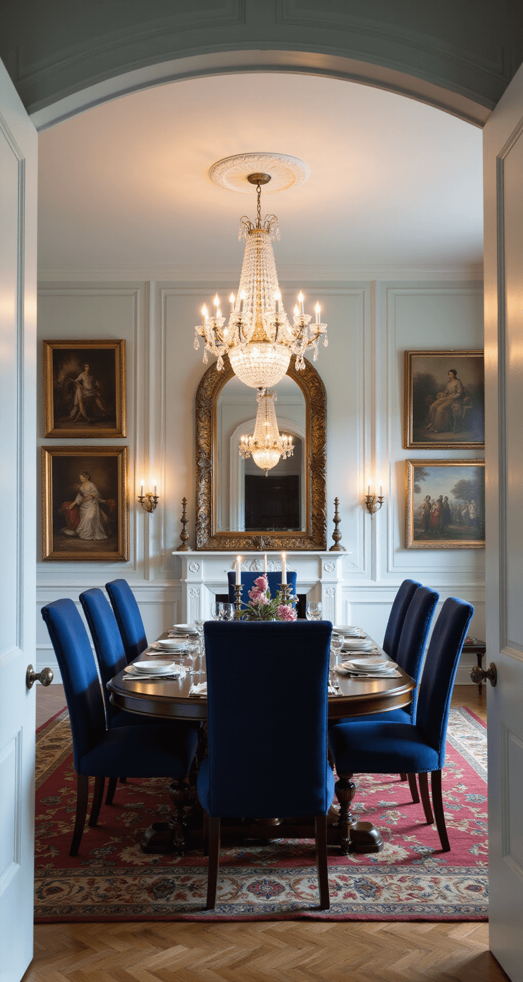 A revival-style formal dining room featuring wainscoting and crown molding, with a crystal chandelier above a mahogany extension table set for eight with sapphire velvet high-back chairs. The room displays an antique mirror and classic art on the walls, capturing a full tablescape of silver candelabras, fine china, and damask table linens, illuminated by soft overhead lighting.