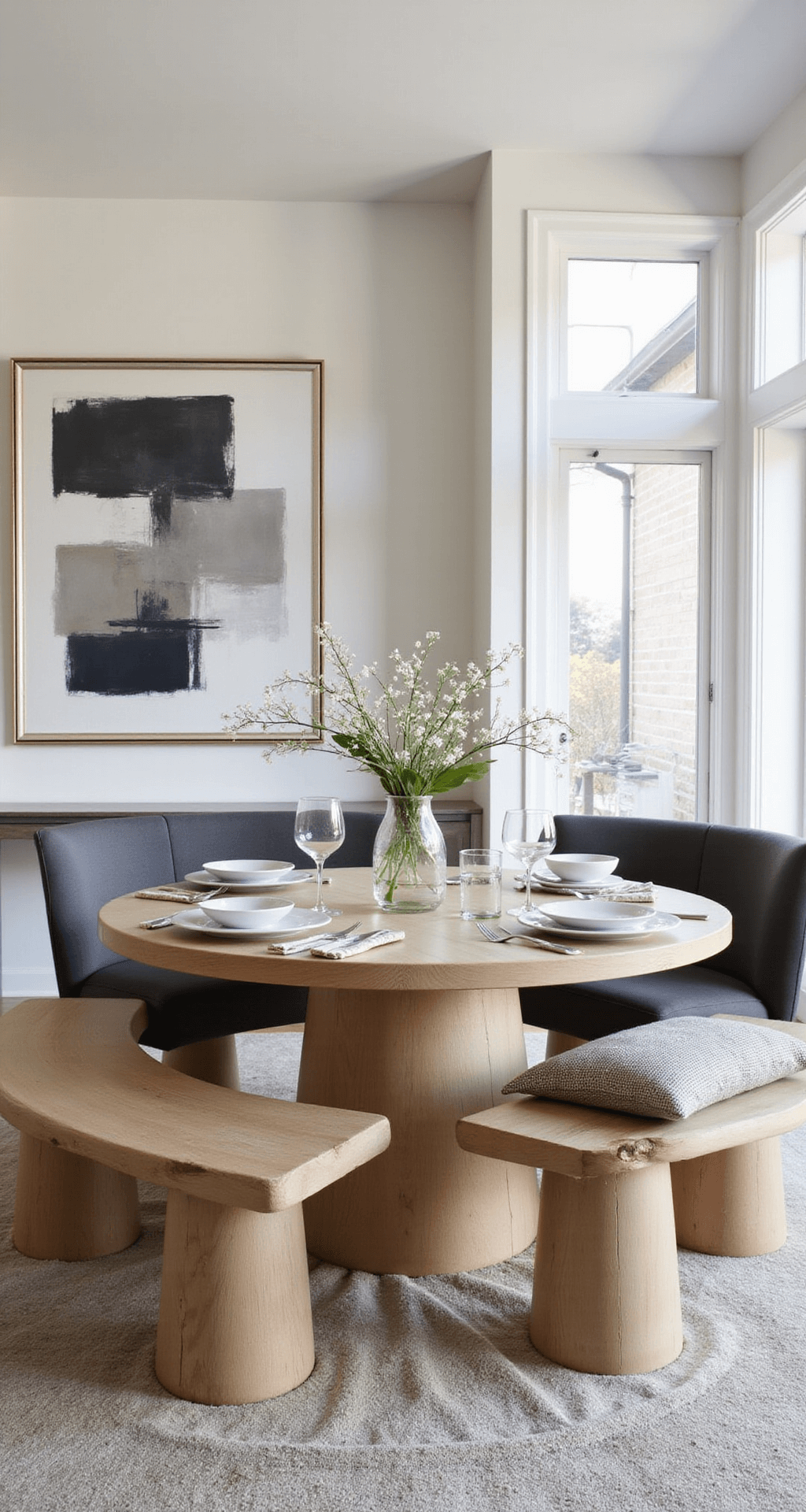 A bright and airy multi-functional dining space featuring a round bleached oak pedestal table with a mix of bench and upholstered seating, defined by a large area rug. An oversized abstract art piece serves as the focal point. The composition highlights modern table settings and casual decor, captured at a 3/4 angle to showcase the open layout and flow to adjacent areas.