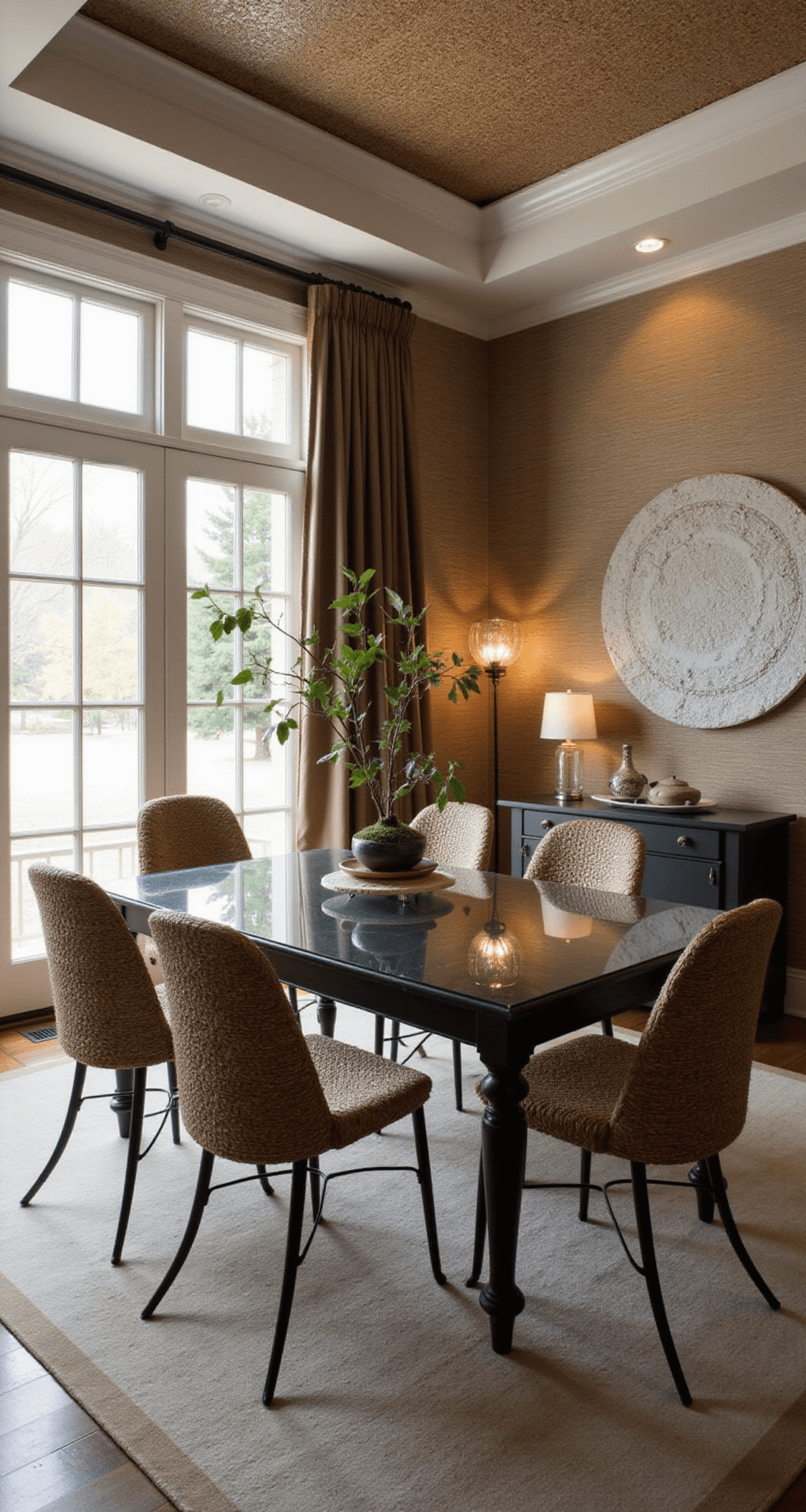 A beautifully styled dining room showcasing layered textures with grasscloth wallcovering, woven chairs, and mixed metal accents. A rectangular glass dining table captures light, surrounded by decorative elements, textured ceramics, and dimensional wall art. The corner angle emphasizes depth, illuminated by soft diffused lighting and accent spots.