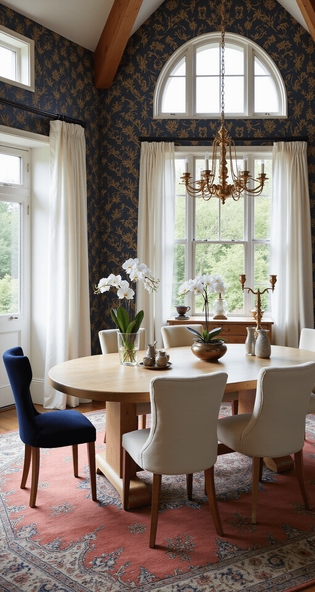 Sophisticated dining room with vaulted ceiling and exposed beams, featuring a modern oval oak table surrounded by cream bouclé chairs, geometric navy/gold wallpaper, and a muted coral Persian rug, illuminated by afternoon sunlight through large windows, enhanced by layered curtains and a warm brass chandelier. Decorated with white orchids, vintage brass candlesticks, and textured ceramics, creating an elegant yet inviting atmosphere.