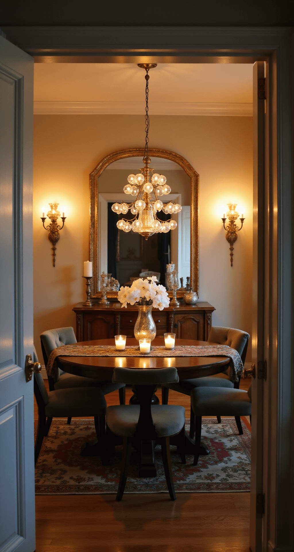 Intimate dining scene at golden hour featuring a three-tier brass chandelier, dark walnut round table with sage green velvet chairs, and a vintage Persian runner, all illuminated by soft candlelight and reflected in mercury glass accessories.