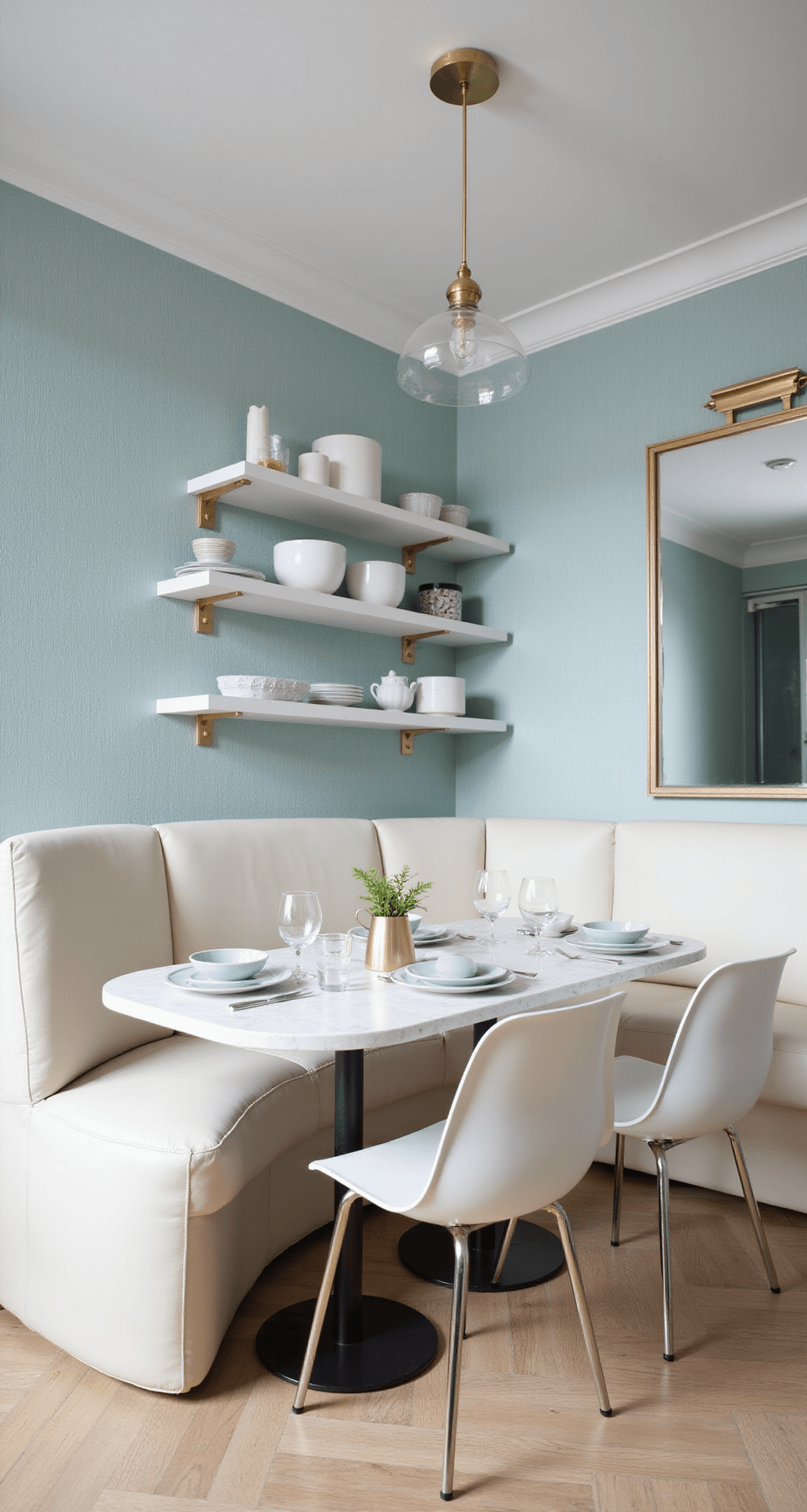 Small space dining area featuring a cloud-white leather banquette, white marble tulip table, and ghost chairs, all bathed in morning light. Pale blue grasscloth wallpaper, floating shelves with white ceramics, and a modern brass pendant light enhance the bright, airy atmosphere. A large mirror reflects natural light, and the shot is from above to highlight the efficient layout.