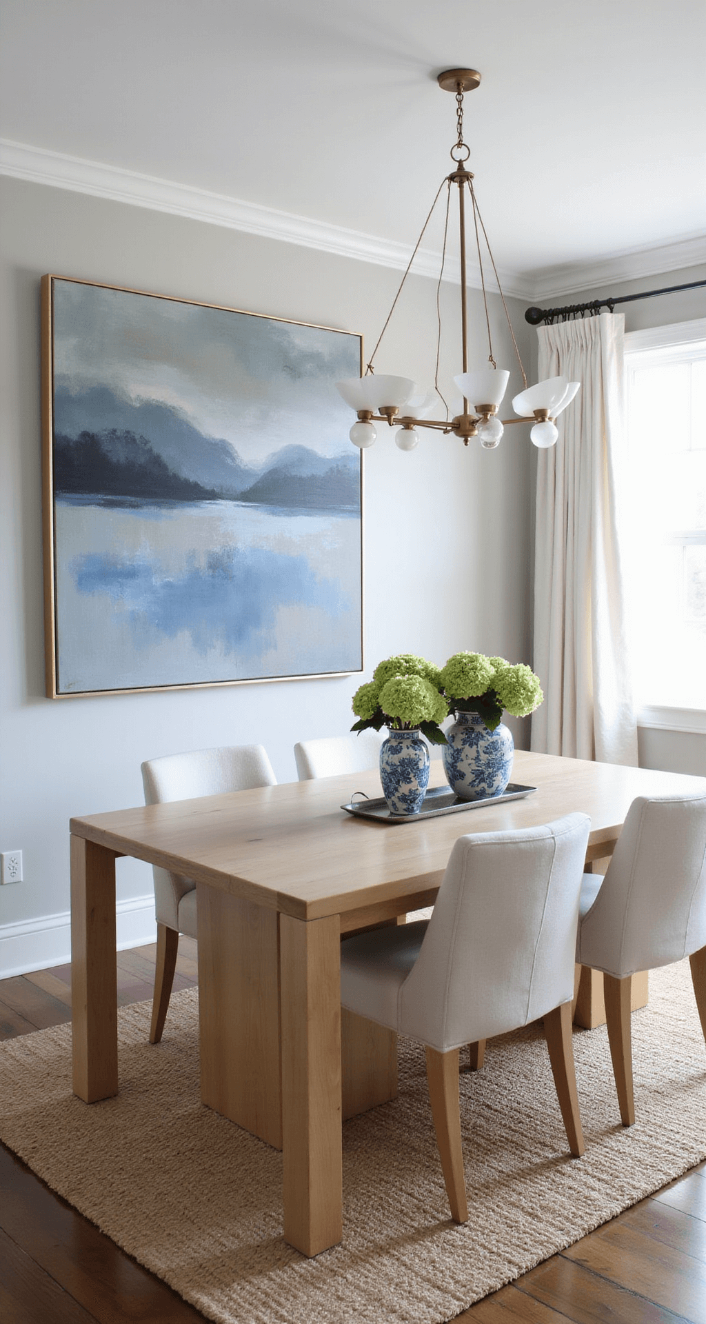 A serene dining space featuring a rectangular bleached maple table surrounded by ivory linen upholstered chairs, set on a layered sisal and ivory wool rug. The walls are painted in a soft 'Pale Oak', complemented by oversized abstract art in blues and grays. Natural light filters through white sheers, and a minimal brass chandelier hangs above. Blue and white chinoiserie vases with fresh hydrangeas add a touch of elegance, creating a calm and sophisticated atmosphere.