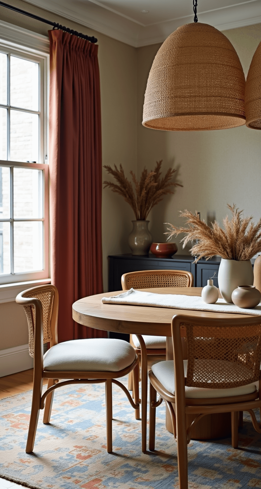 A sunlit dining room featuring warm greige grasscloth wallpaper, a round cerused oak pedestal table, and rattan chairs with cream bouclé seats, accented by a vintage terra cotta and blue rug, natural fiber woven pendants, handmade ceramics, a linen table runner, and dried pampas grass, all conveying an organic modern luxury aesthetic.