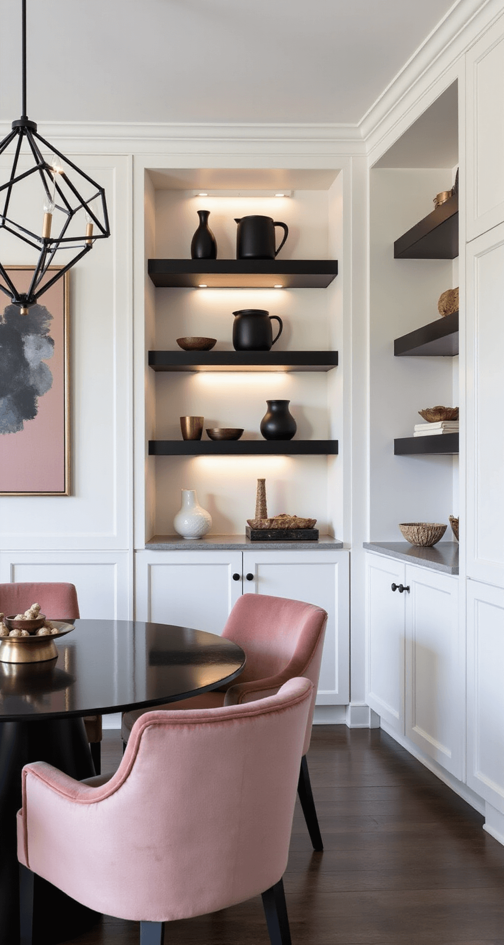Modern dining room featuring custom floor-to-ceiling built-ins in warm white, round smoked glass table, dusty rose velvet chairs, and a matte black geometric chandelier, styled with abstract art and decorative objects, all showcased in a 13x16 space with architectural highlights.