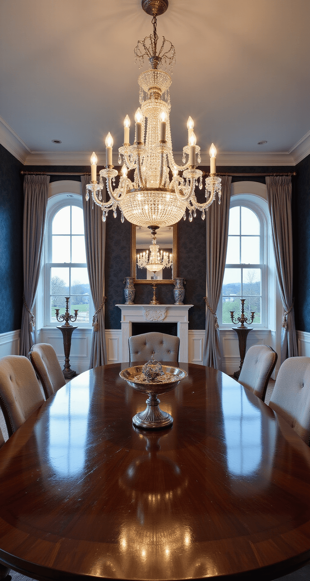 Elegant formal dining space featuring a mahogany table and Queen Anne chairs, adorned with a crystal chandelier and deep navy grasscloth wallpaper, complemented by silver velvet upholstery and antique silver candelabras, captured in soft lighting.