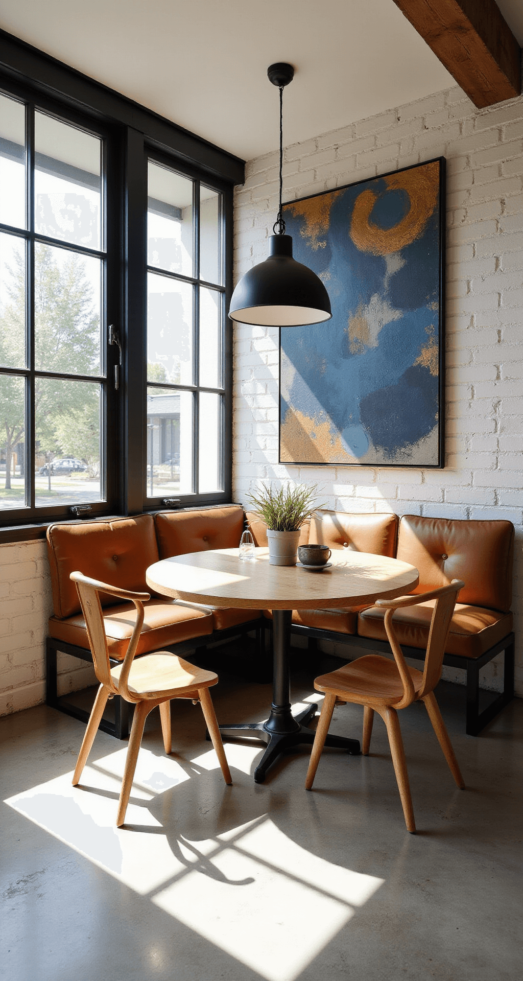 Sunlit breakfast nook with floor-to-ceiling windows, featuring concrete floors, white brick walls, and honey-toned wood accents. A round pedestal table is complemented by vintage leather bench seating and wishbone chairs, with an oversized abstract canvas in blues and golds on the wall. A black metal pendant light casts dramatic shadows, enhancing the morning light and textures in the room.